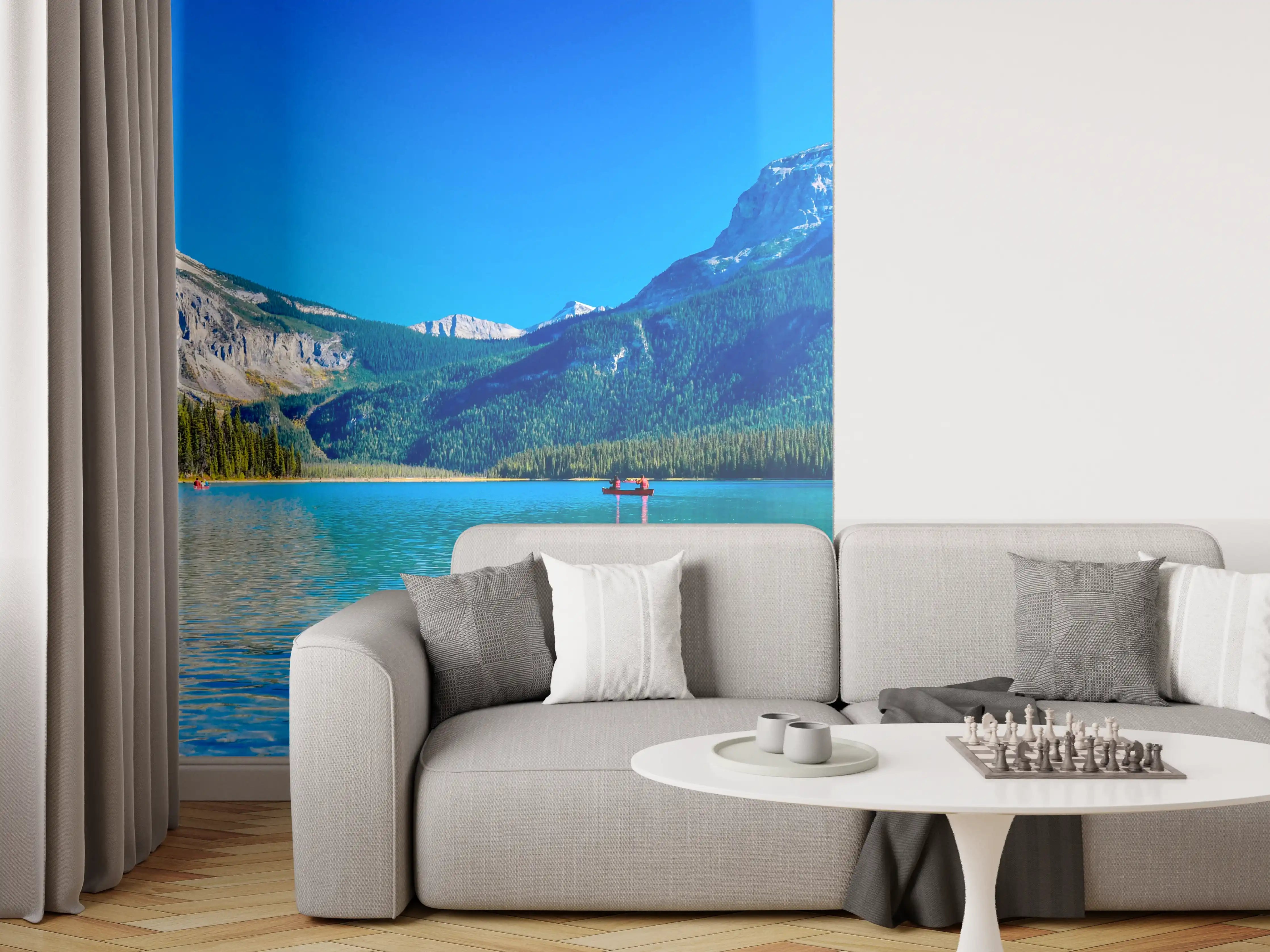 Wandverkleidung Wohnzimmer - Idyllischer Bergsee mit Kanufahrern