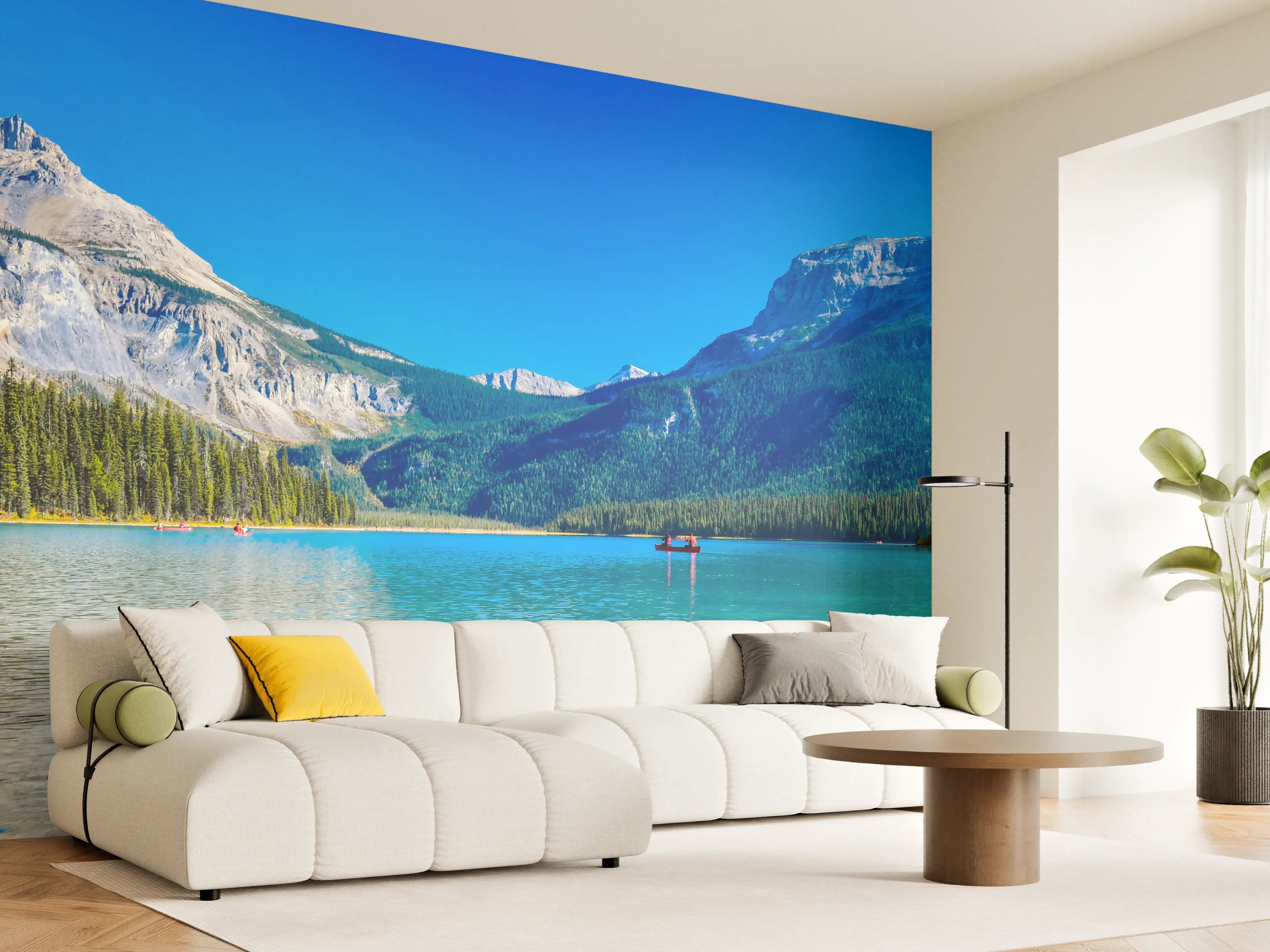 Wandverkleidung Wohnzimmer - Idyllischer Bergsee mit Kanufahrern