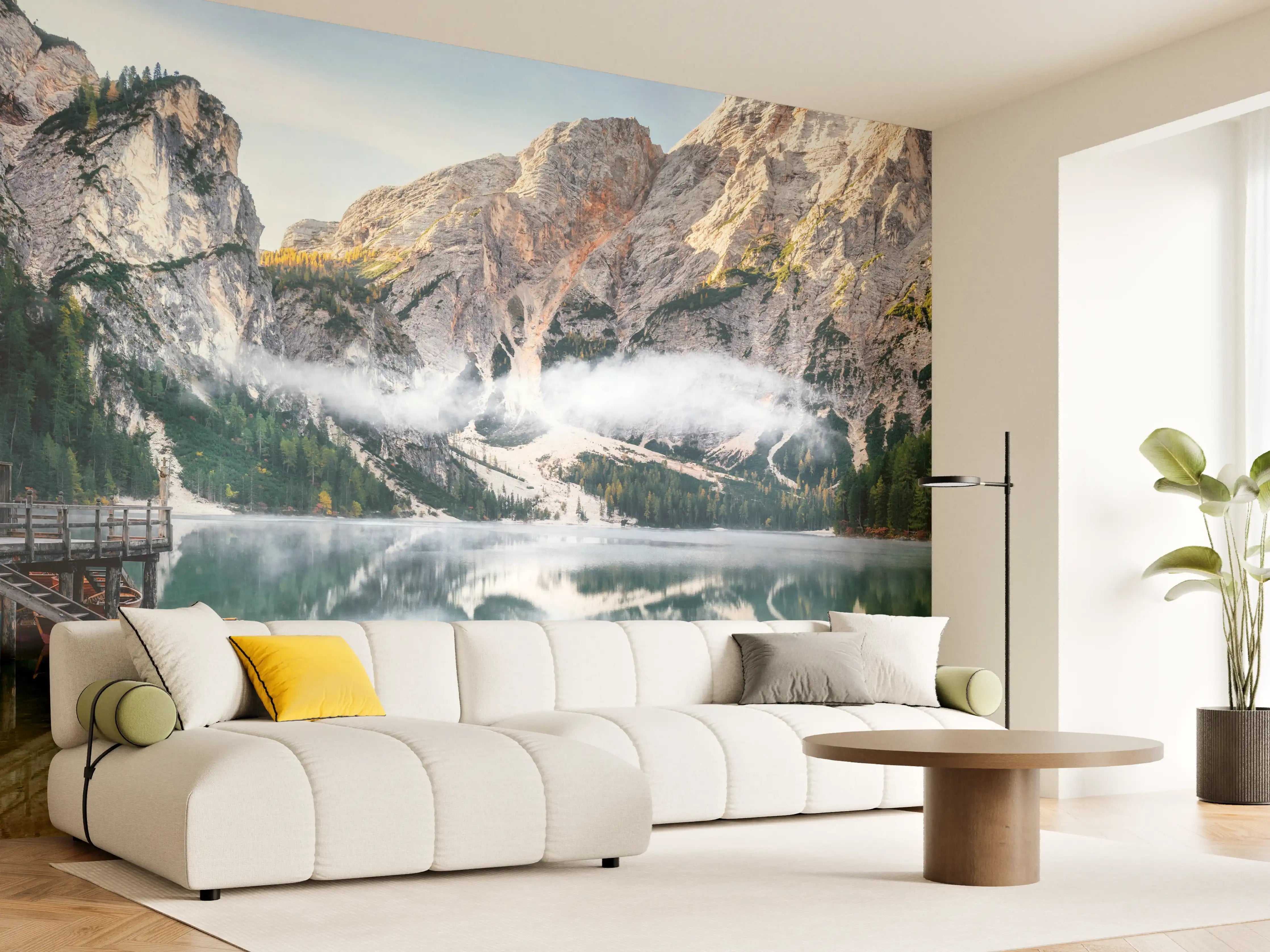 Wandverkleidung Wohnzimmer - Idyllischer Bergsee mit Wald und Bergen
