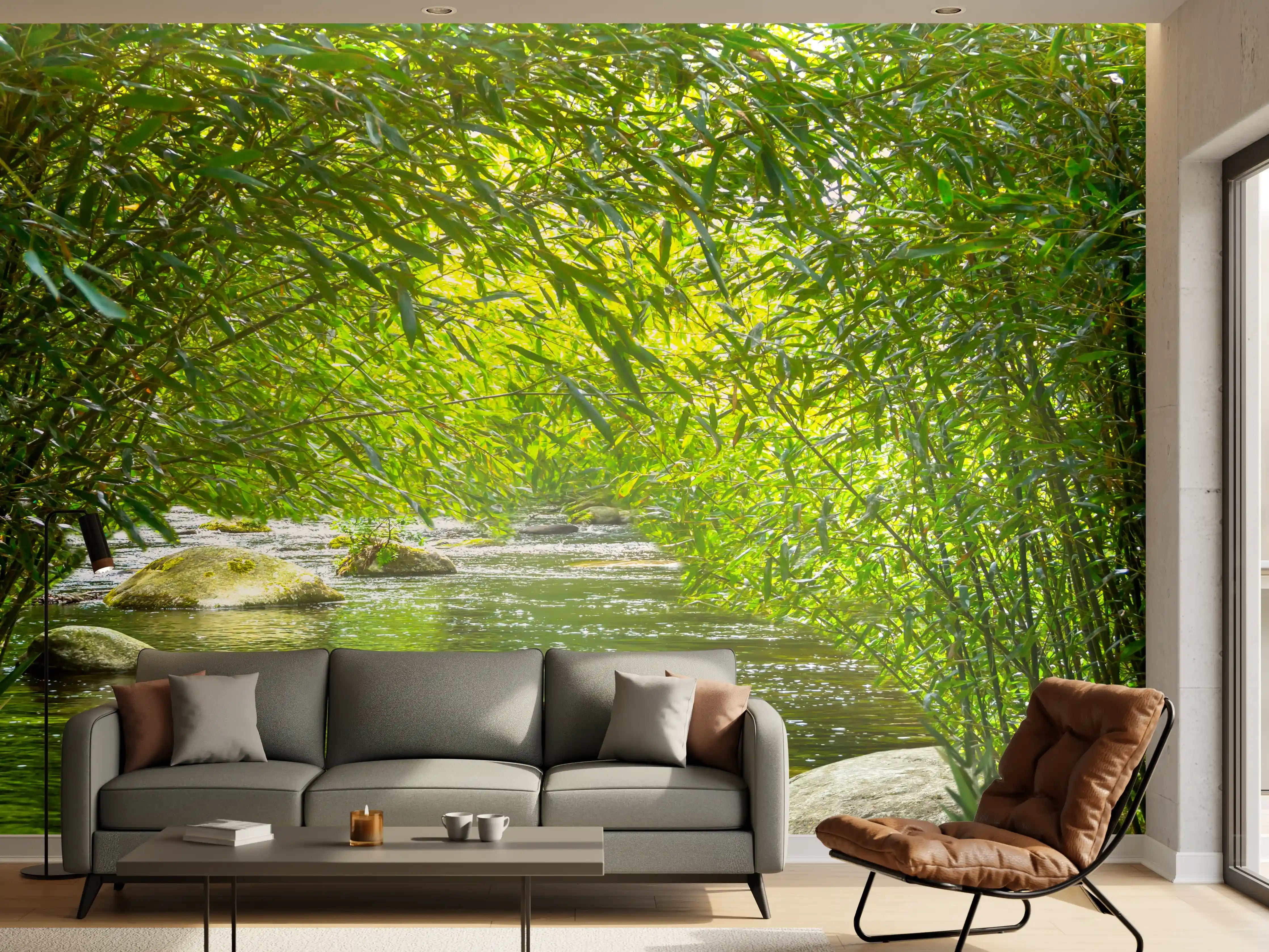 Wandverkleidung Wohnzimmer - Idyllischer Fluss in grüner Natur