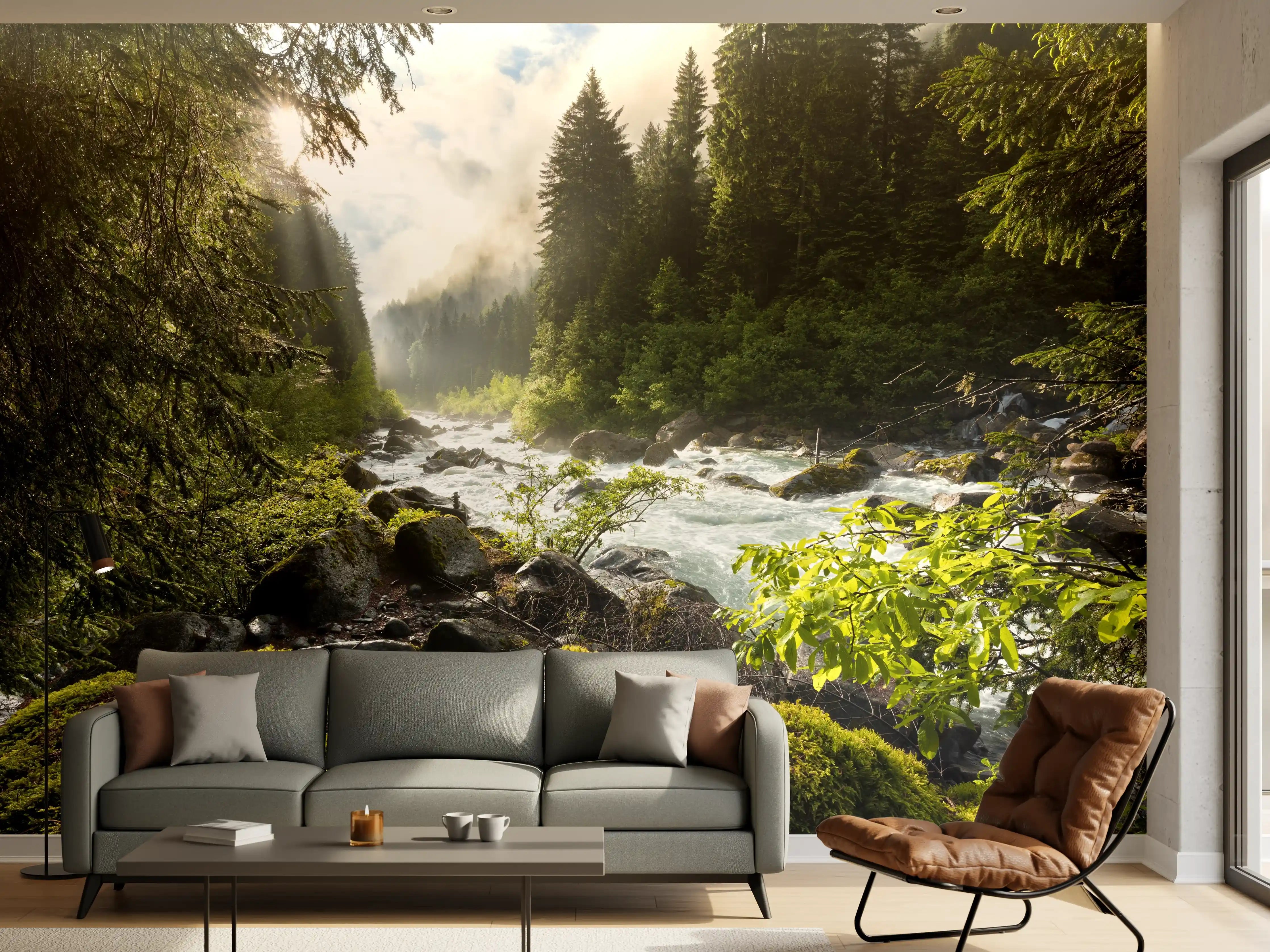 Wandverkleidung Wohnzimmer - Idyllischer Fluss inmitten eines Waldes