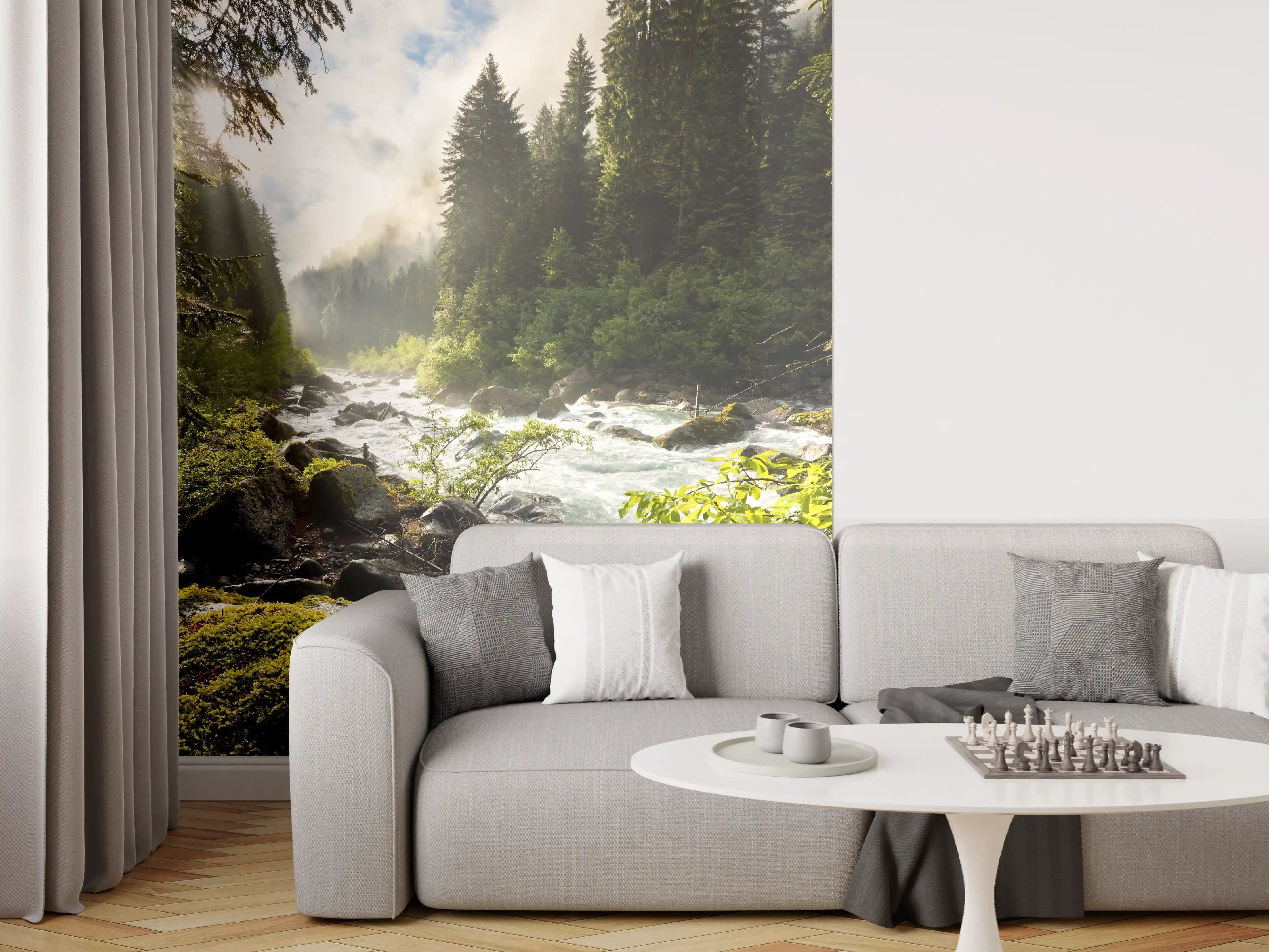 Wandverkleidung Wohnzimmer - Idyllischer Fluss inmitten eines Waldes