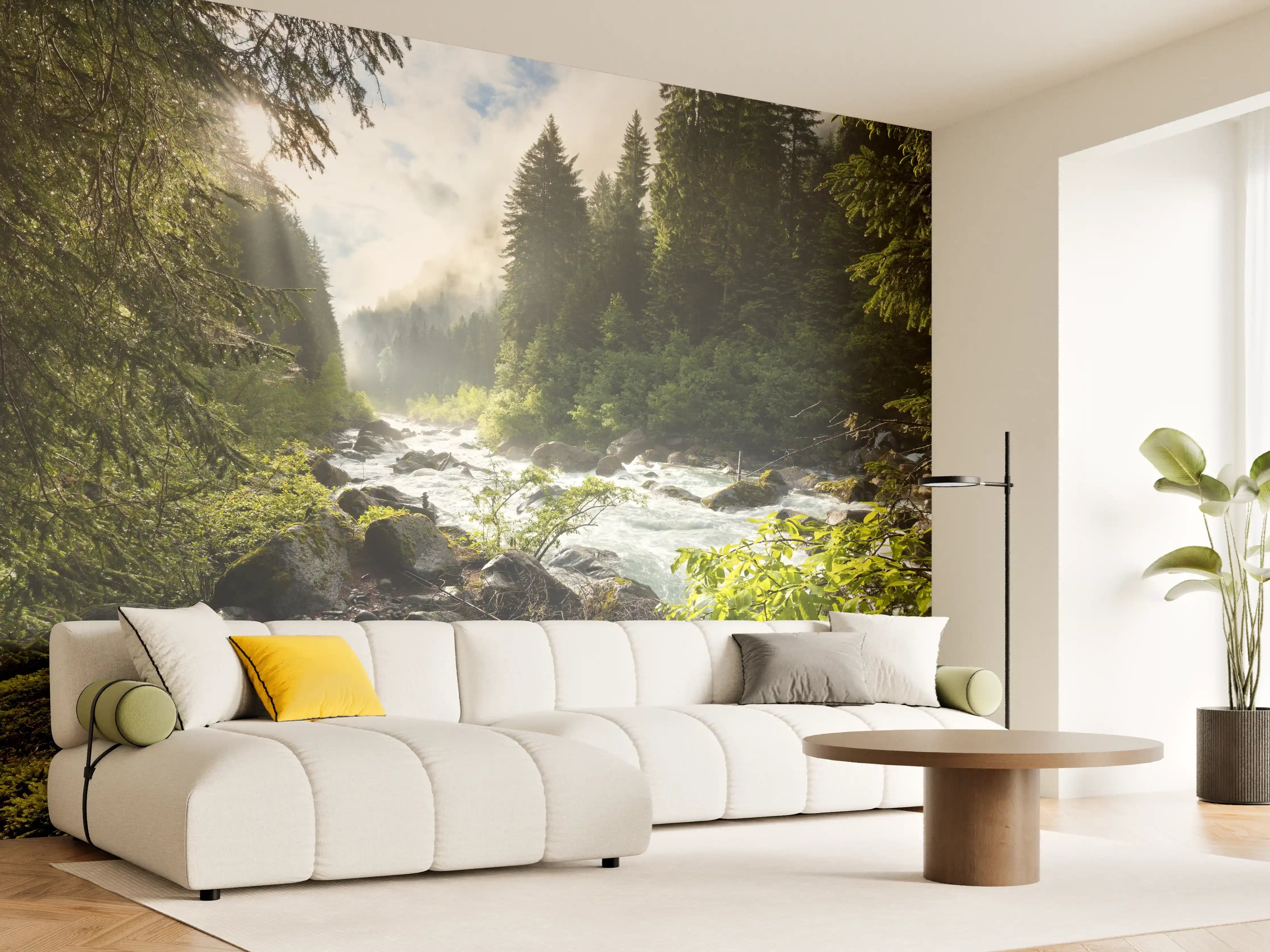 Wandverkleidung Wohnzimmer - Idyllischer Fluss inmitten eines Waldes