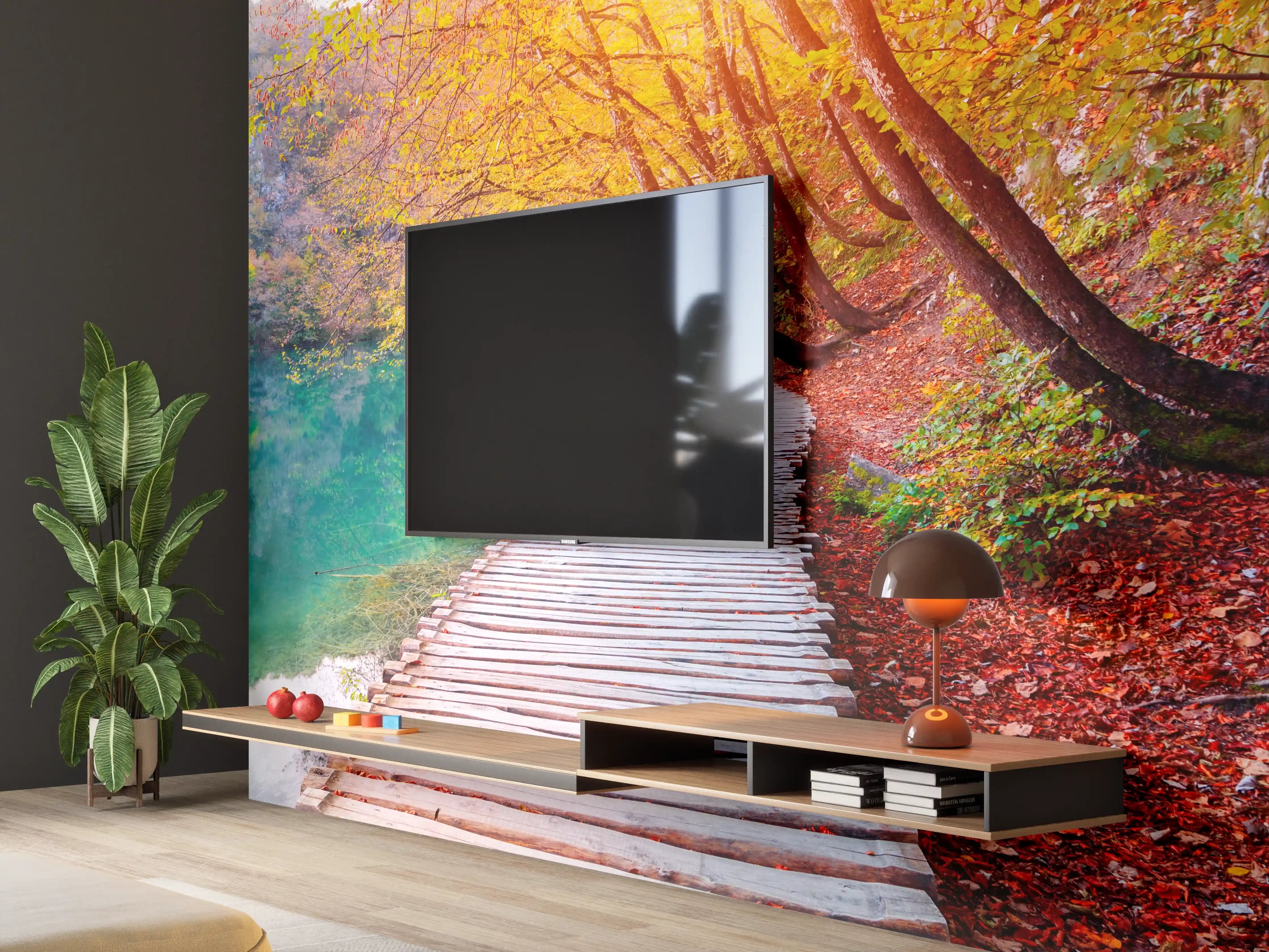 Wandverkleidung Wohnzimmer - Idyllischer Herbstwald mit Holzsteg am See