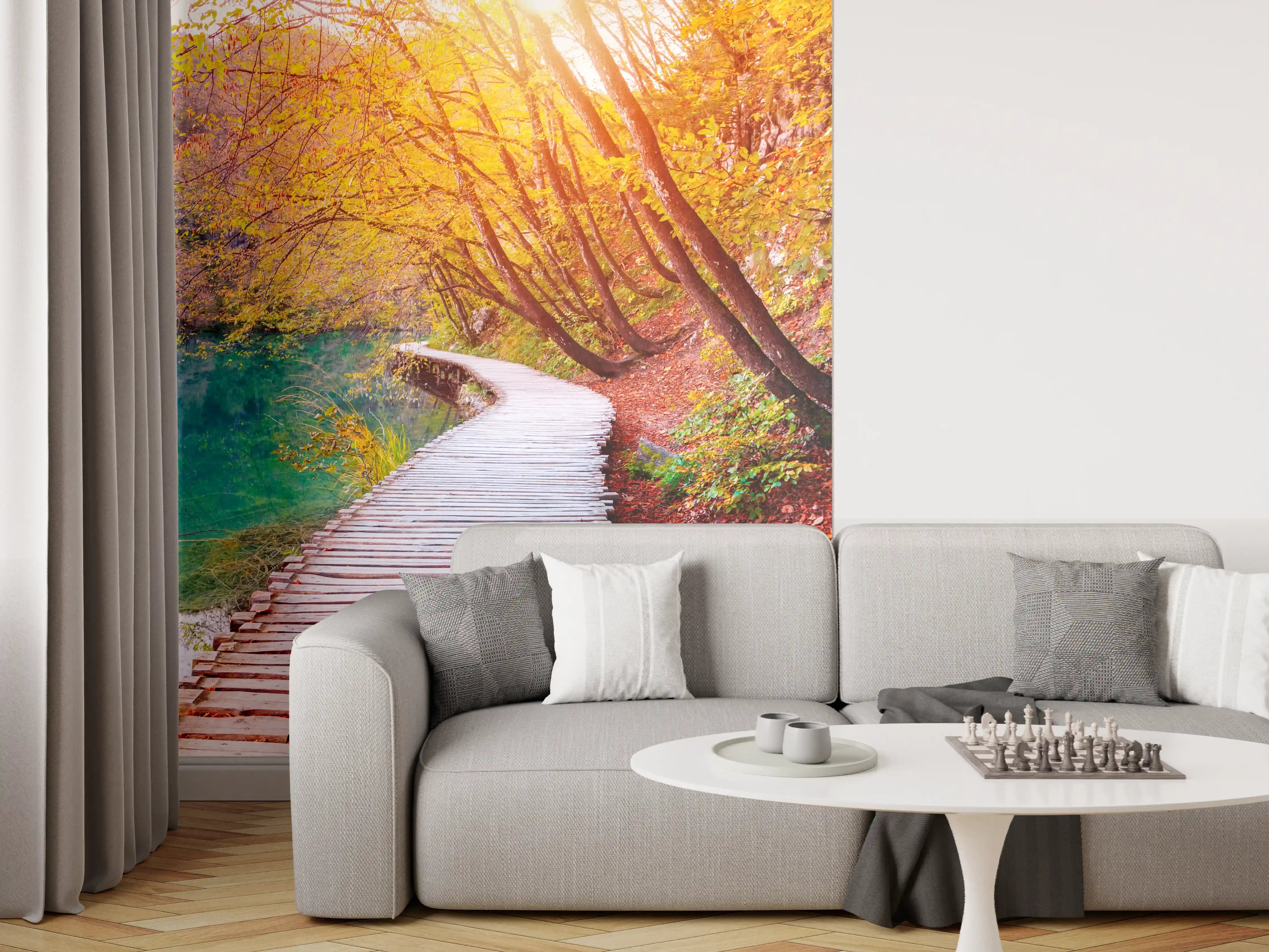 Wandverkleidung Wohnzimmer - Idyllischer Herbstwald mit Holzsteg am See