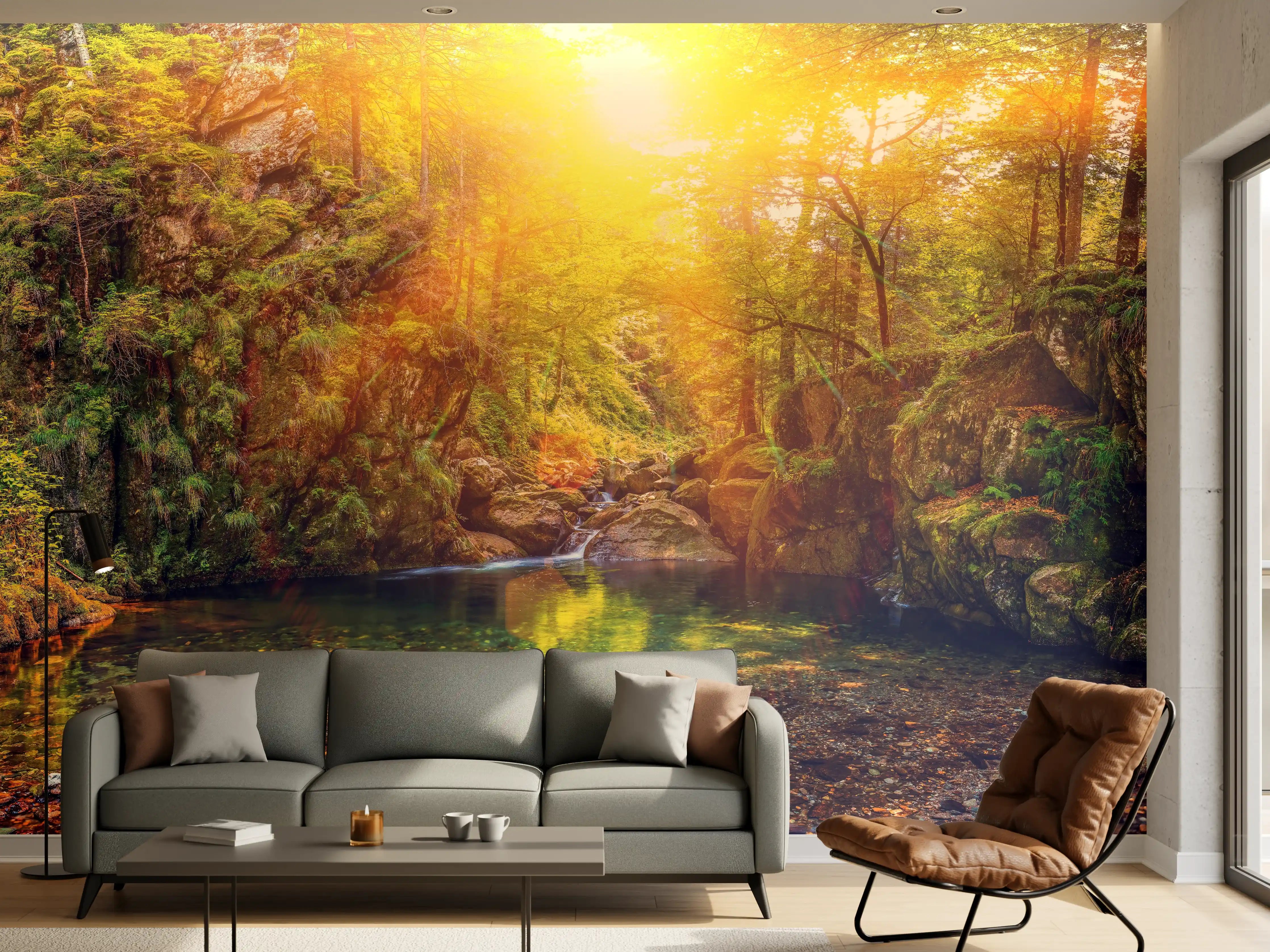 Wandverkleidung Wohnzimmer - Idyllischer Sonnenaufgang im Wald