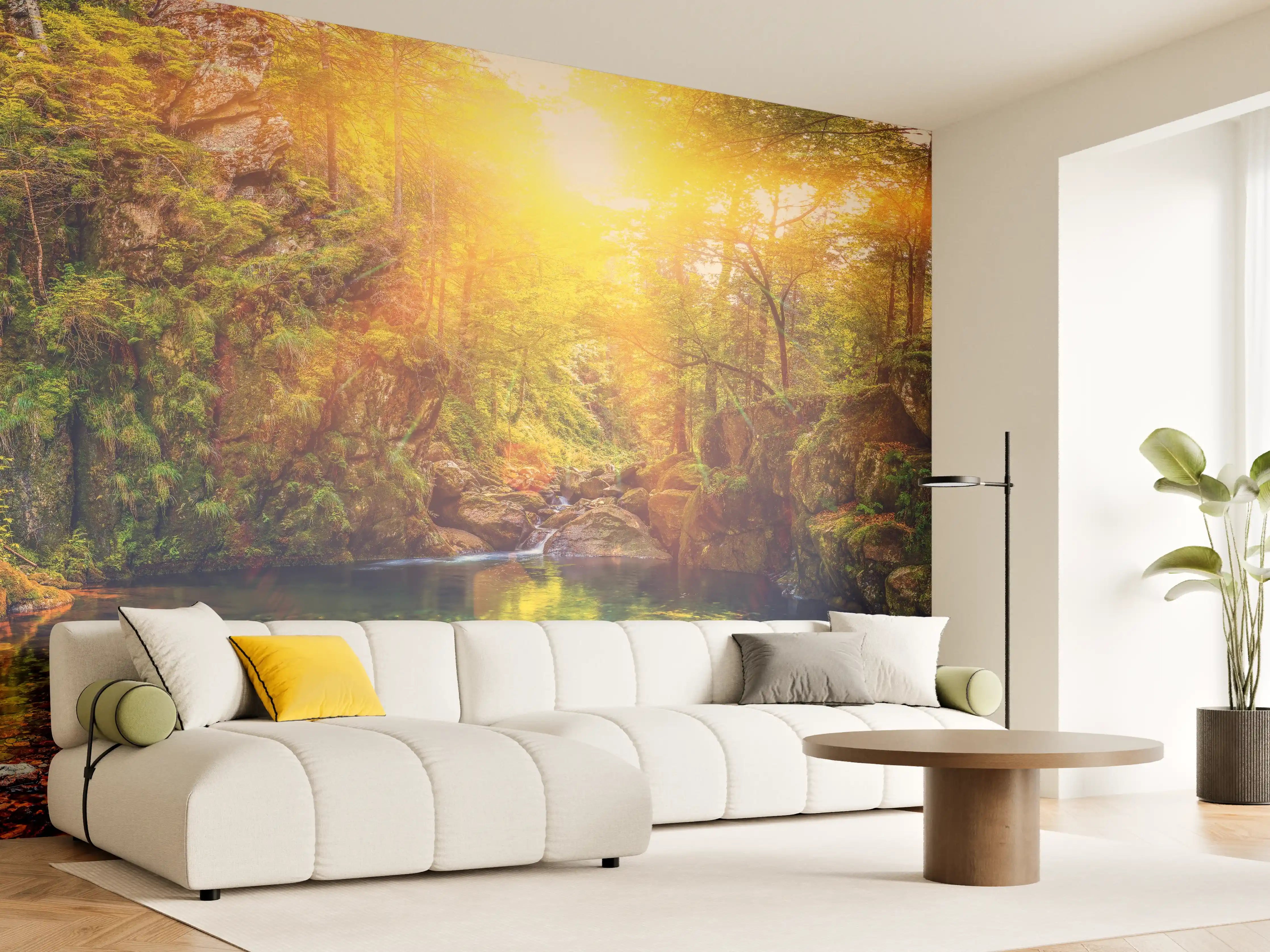 Wandverkleidung Wohnzimmer - Idyllischer Sonnenaufgang im Wald