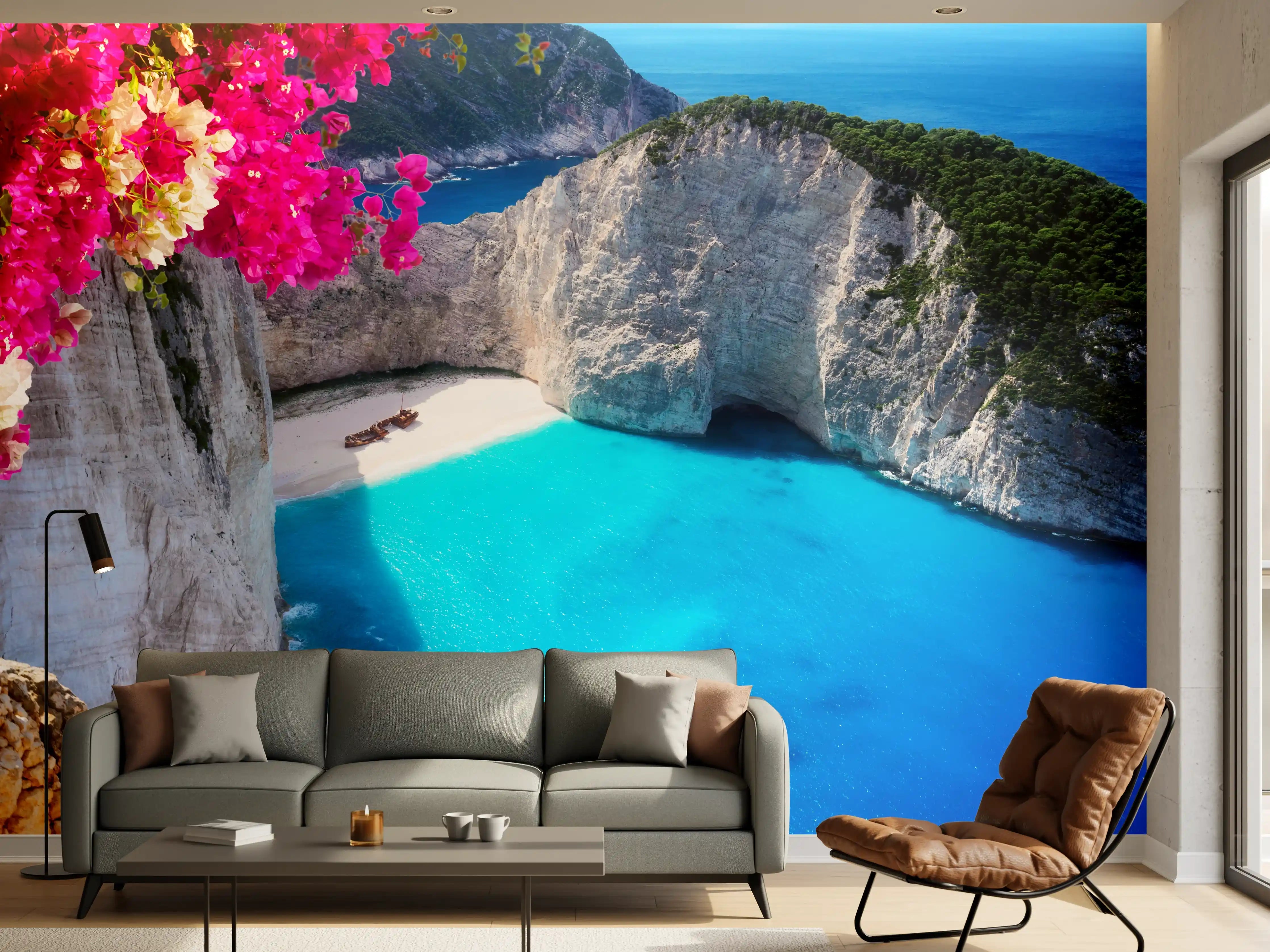 Wandverkleidung Wohnzimmer - Idyllischer Strand auf Santorini