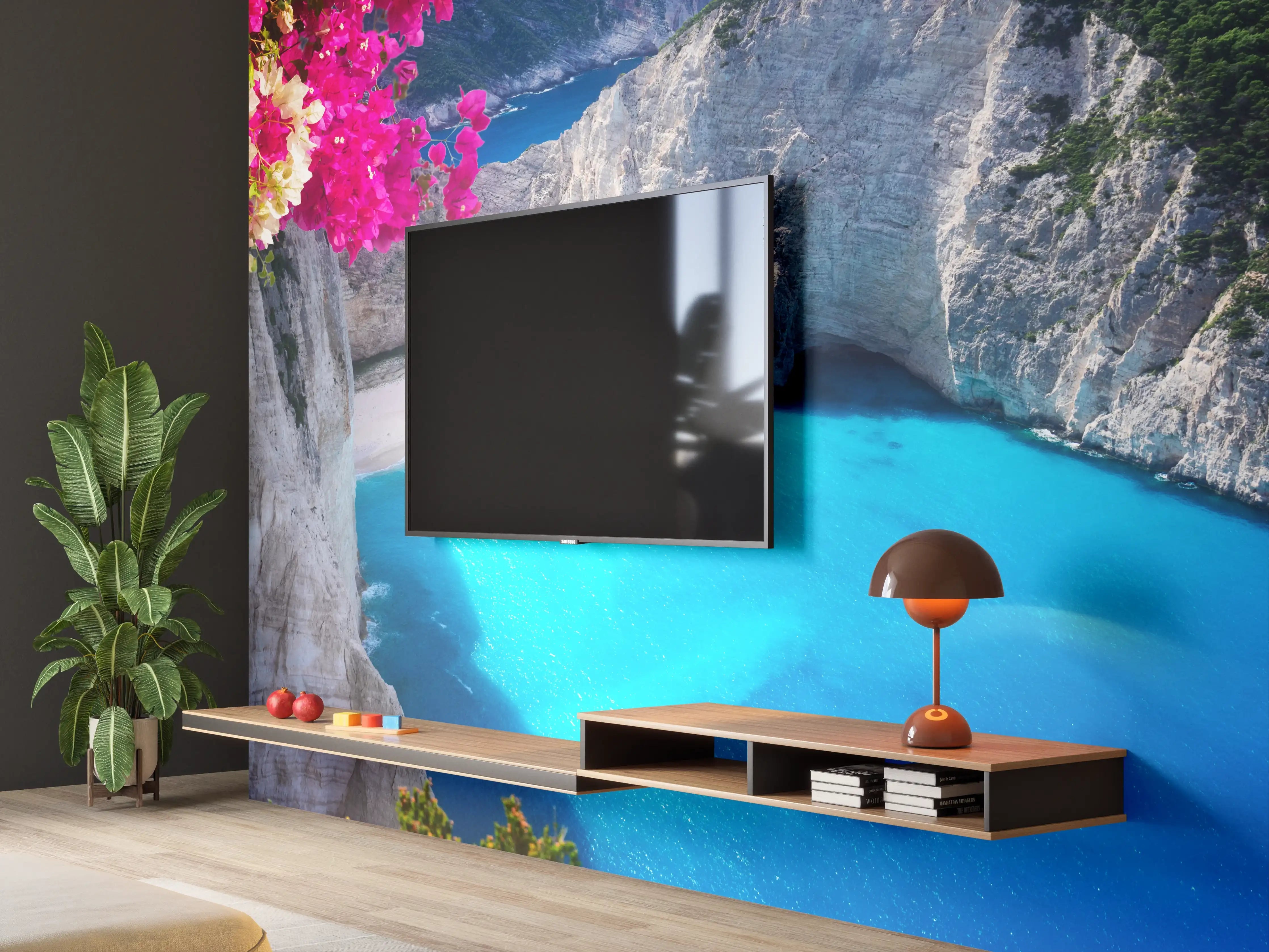 Wandverkleidung Wohnzimmer - Idyllischer Strand auf Santorini