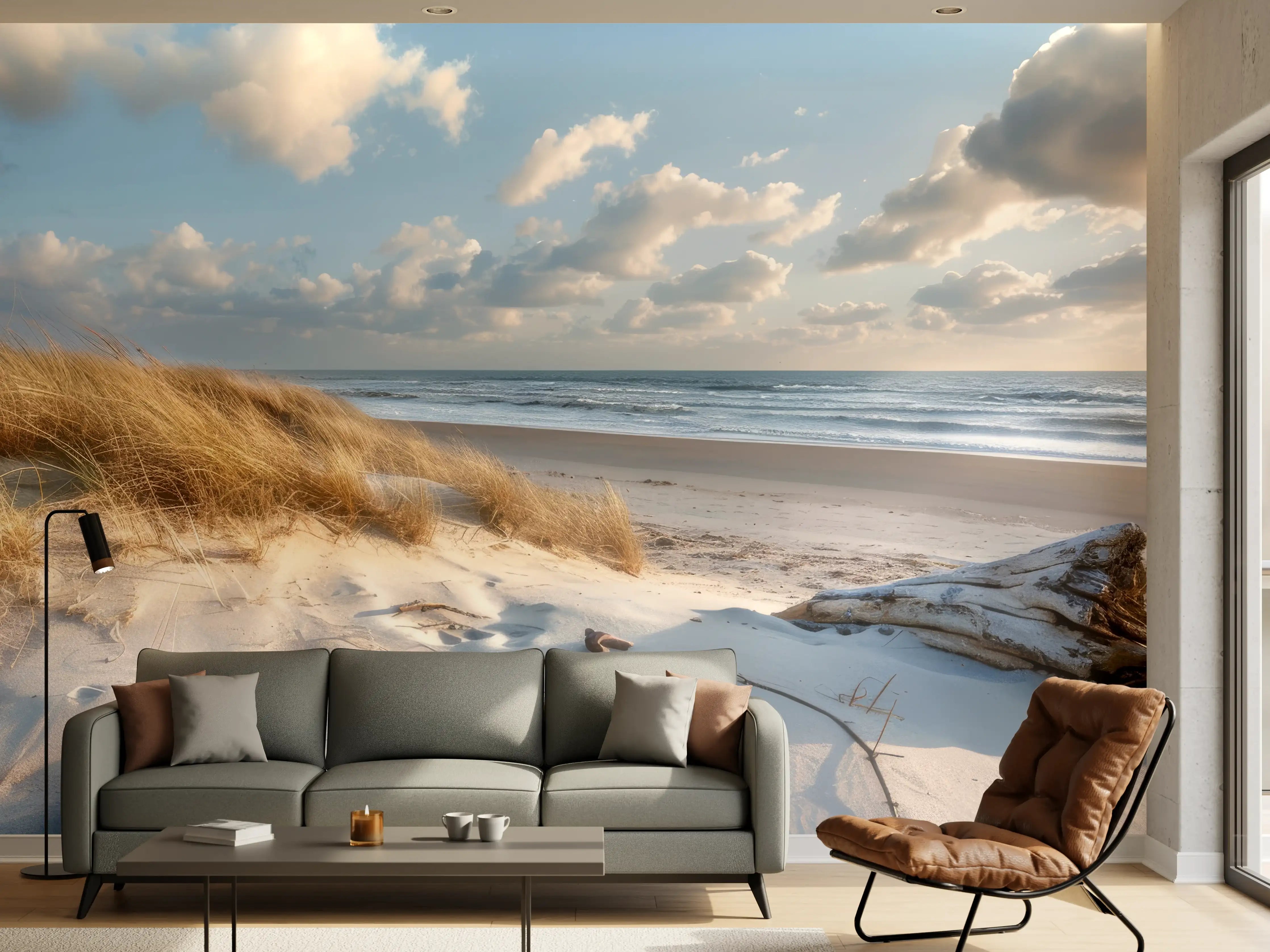 Wandverkleidung Wohnzimmer - Idyllischer Strand mit Grautönen