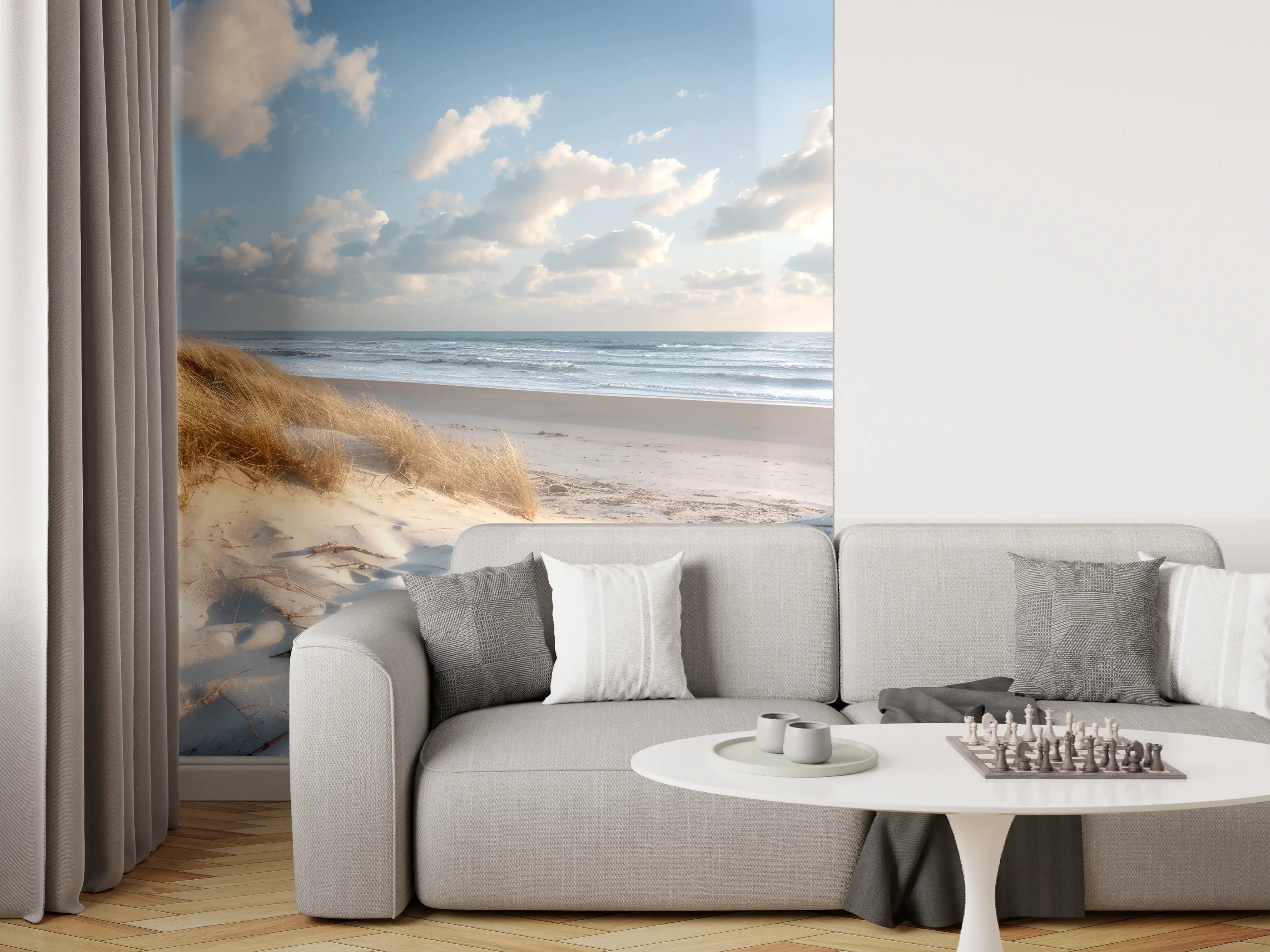 Wandverkleidung Wohnzimmer - Idyllischer Strand mit Grautönen