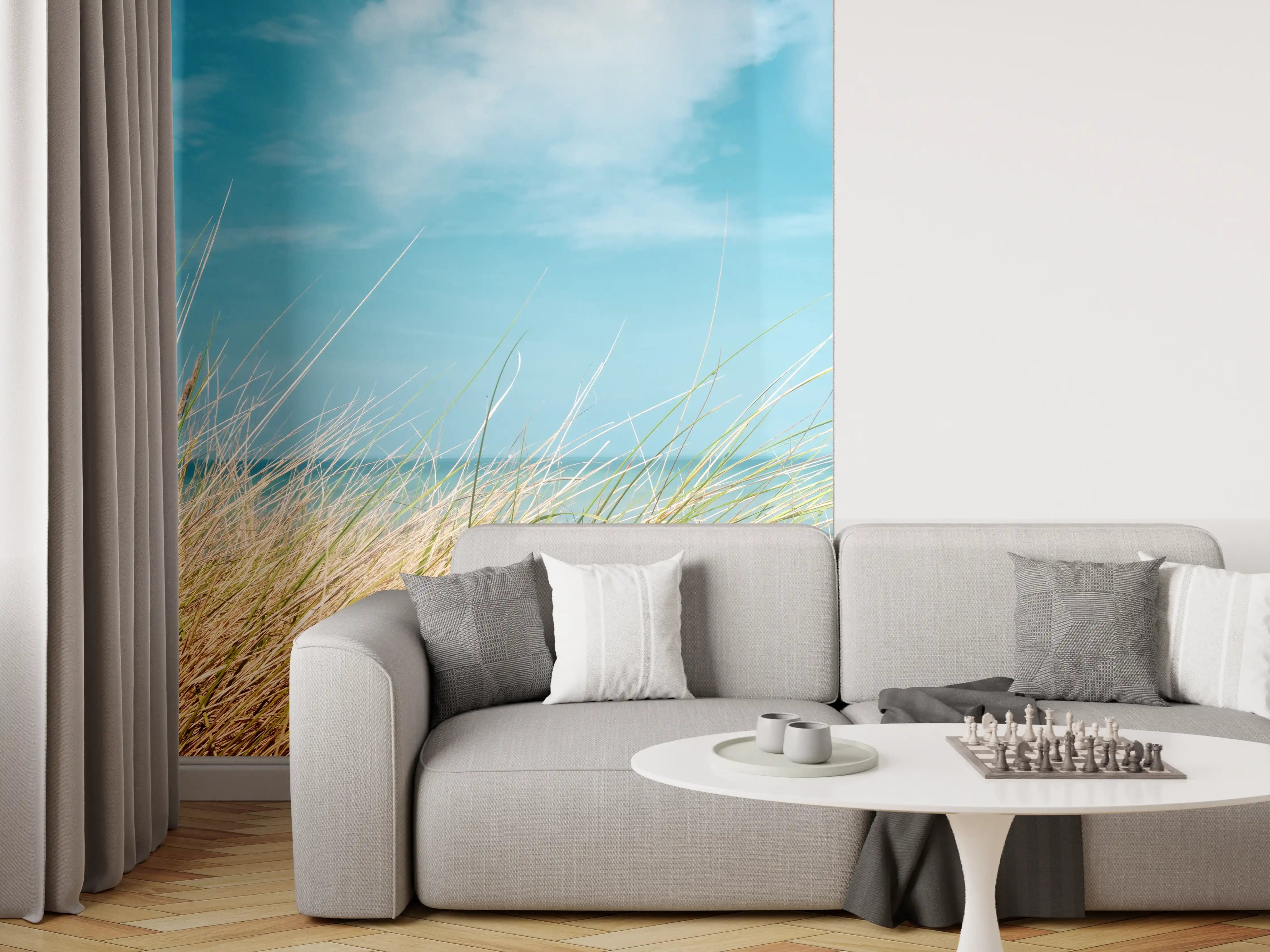 Wandverkleidung Wohnzimmer - Idyllischer Strand mit blühendem Gras