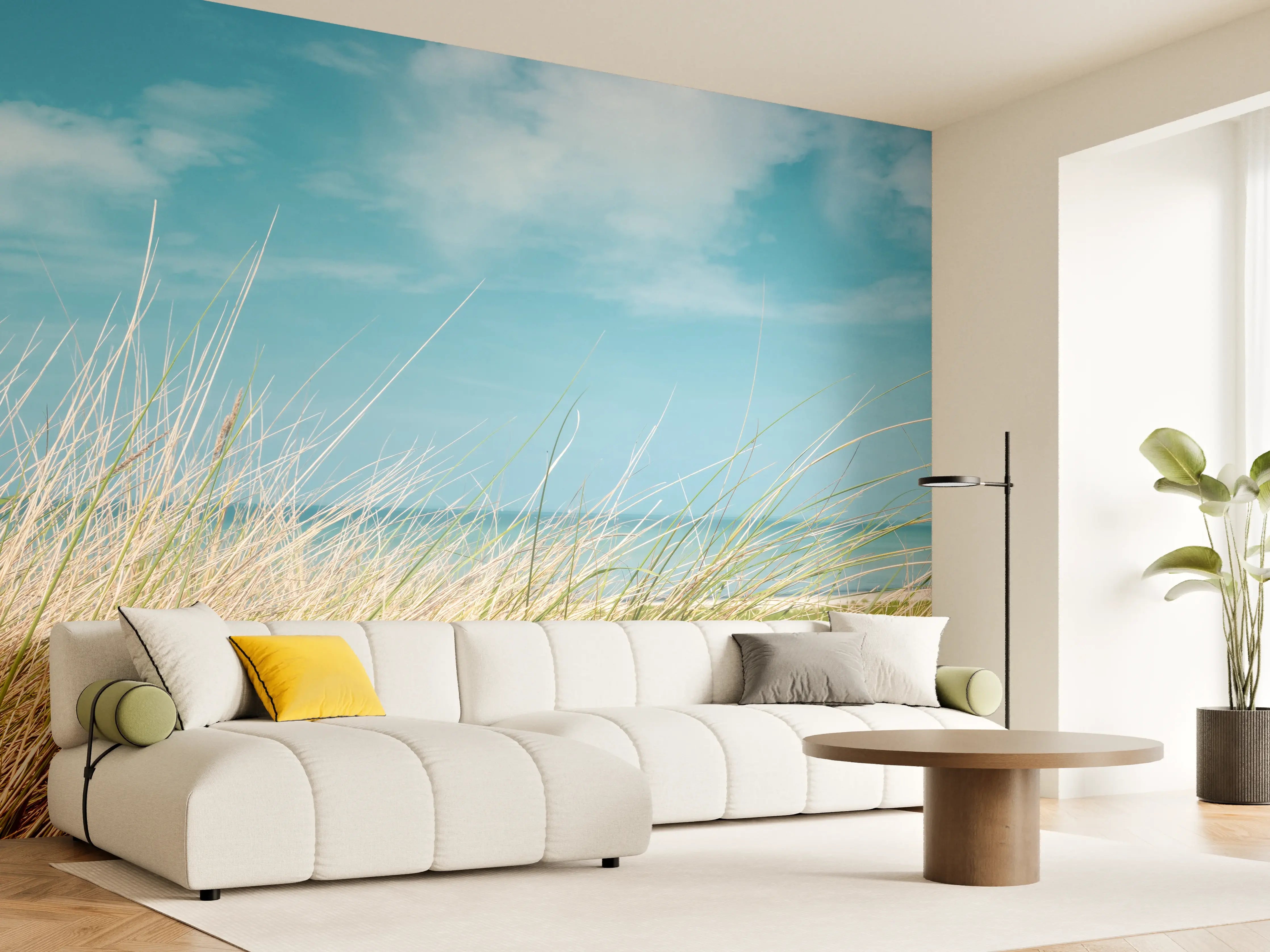 Wandverkleidung Wohnzimmer - Idyllischer Strand mit blühendem Gras