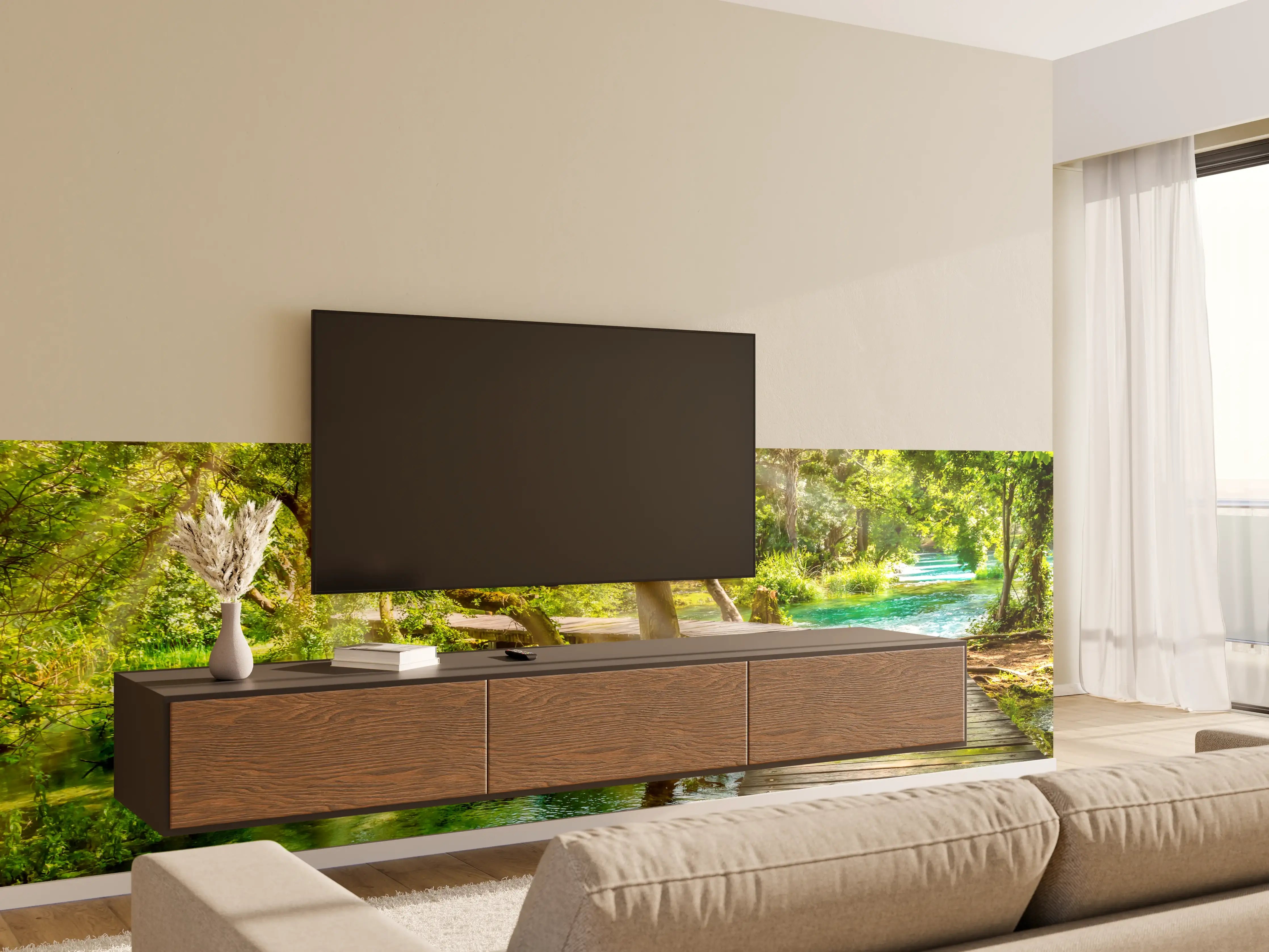 Wandverkleidung Wohnzimmer - Idyllischer Waldweg am Fluss