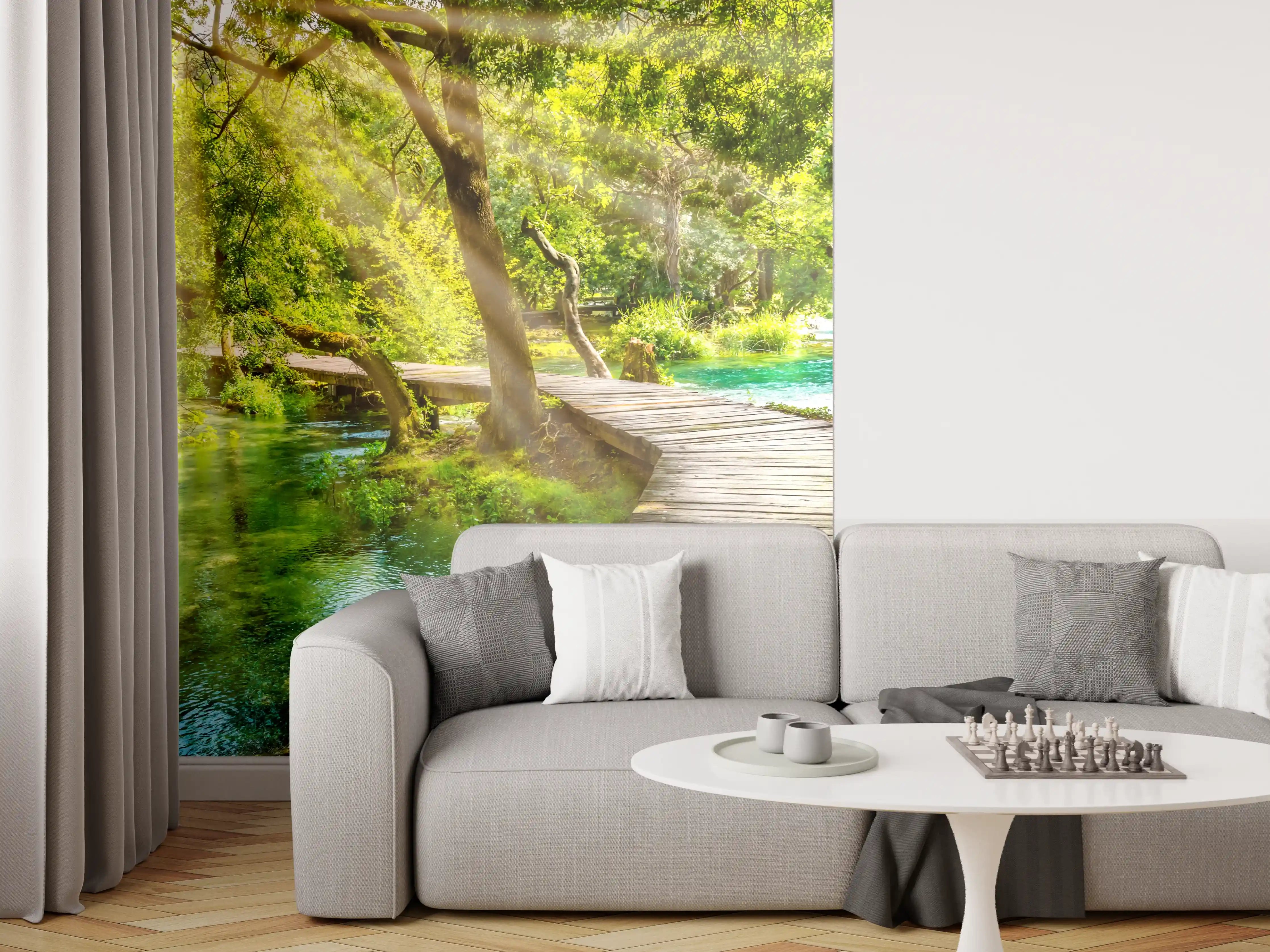 Wandverkleidung Wohnzimmer - Idyllischer Waldweg am Fluss