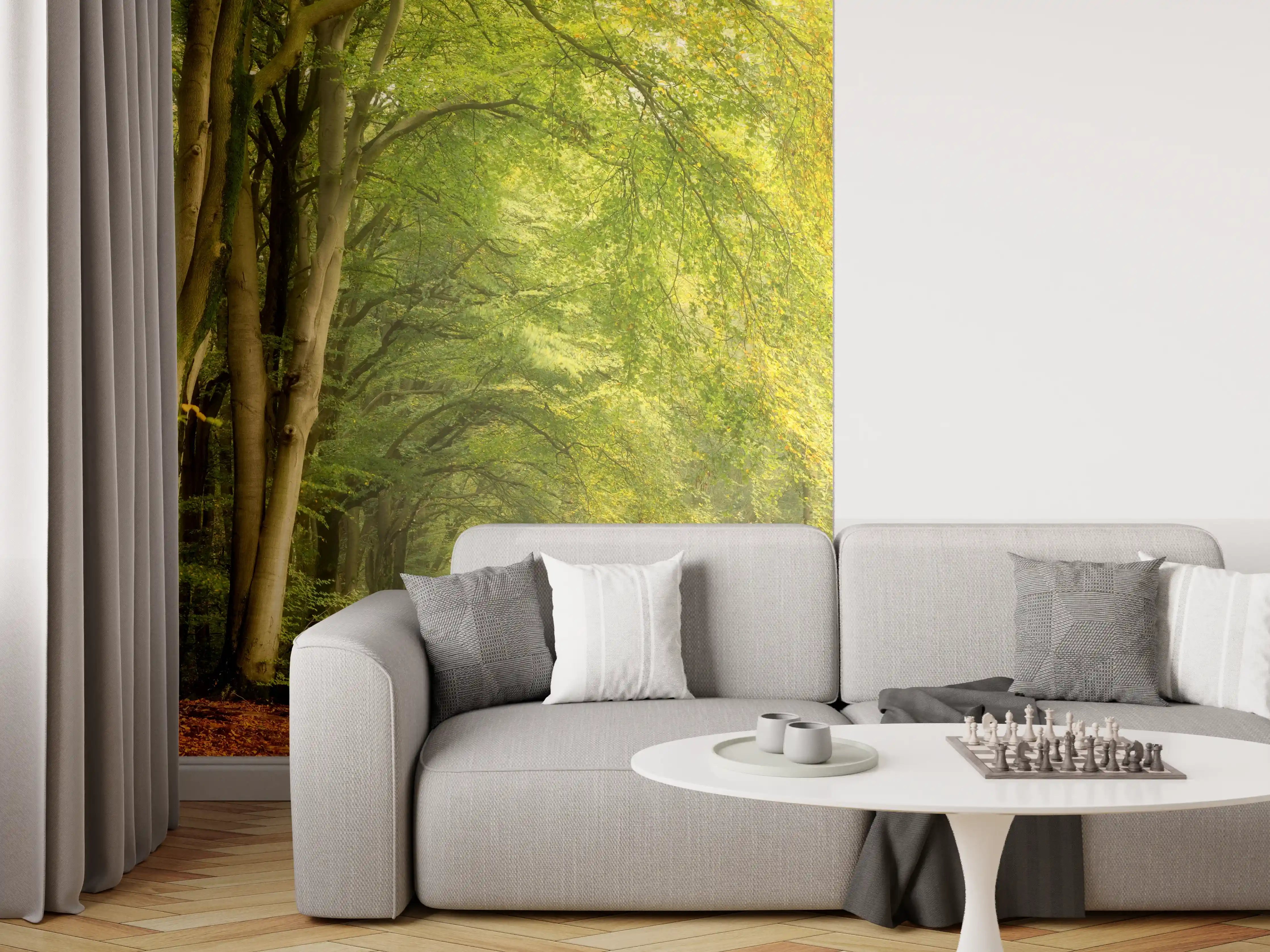 Wandverkleidung Wohnzimmer - Idyllischer Waldweg im Frühling