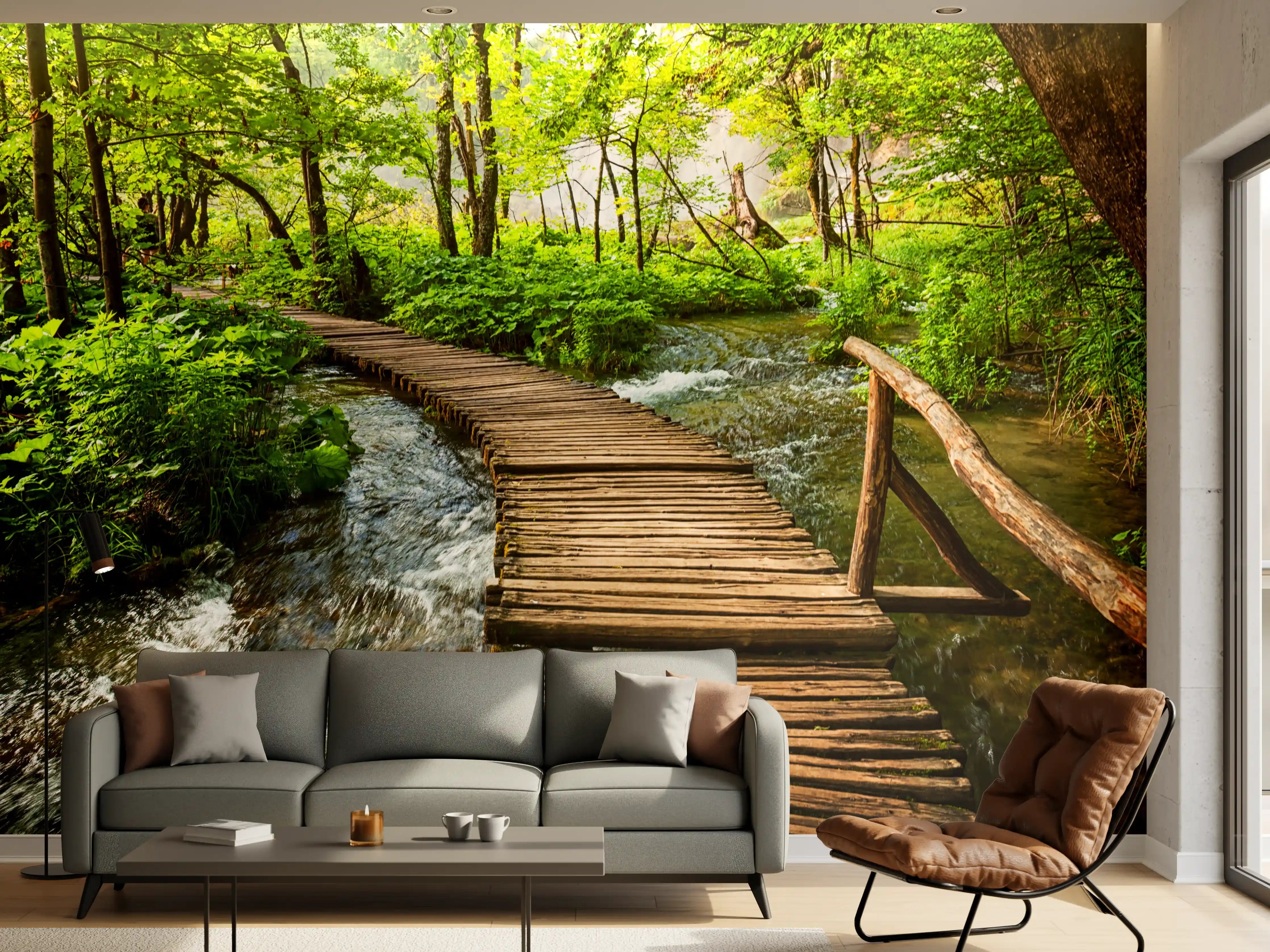 Wandverkleidung Wohnzimmer - Idyllischer Waldweg mit Fluss
