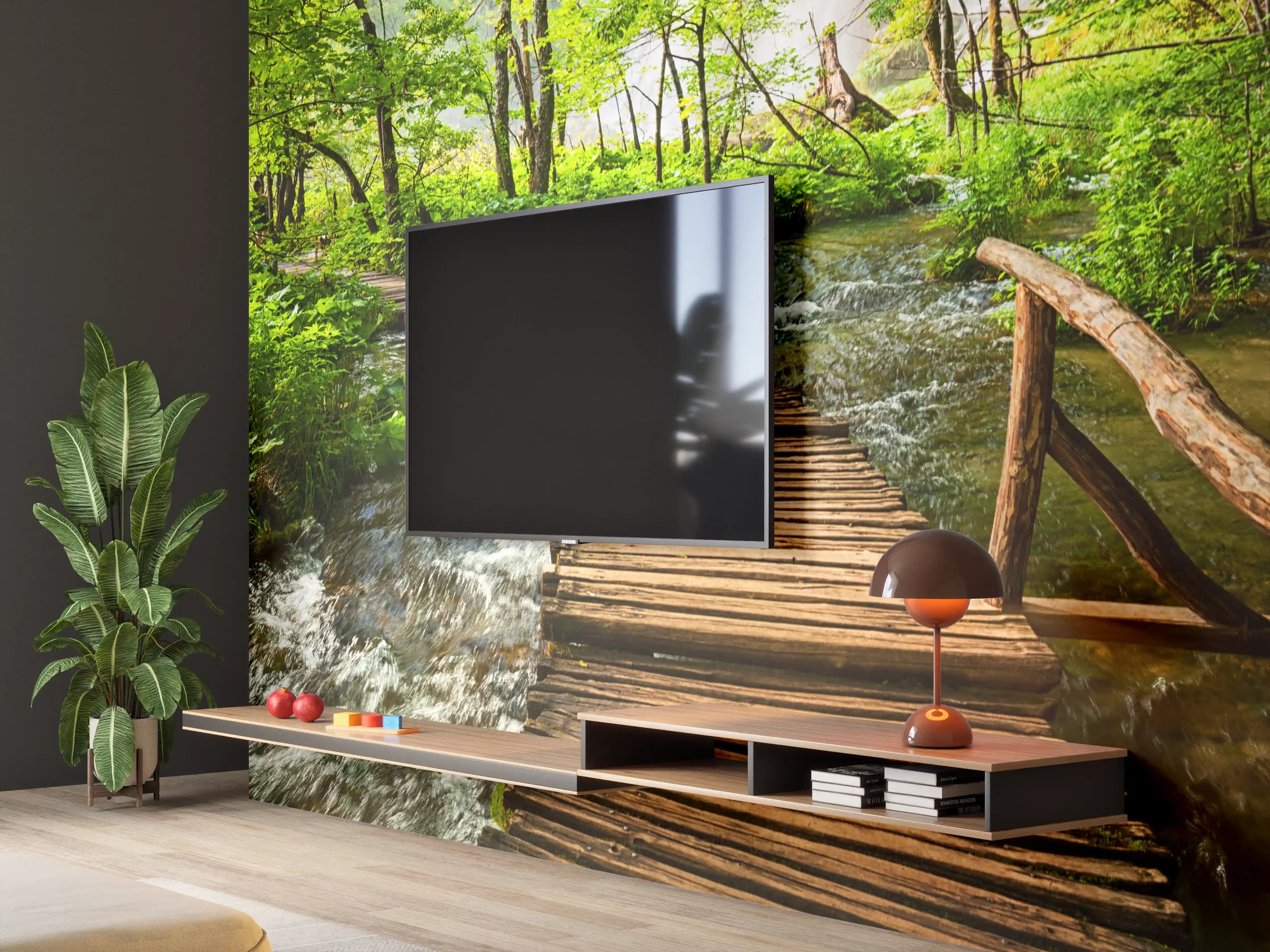 Wandverkleidung Wohnzimmer - Idyllischer Waldweg mit Fluss