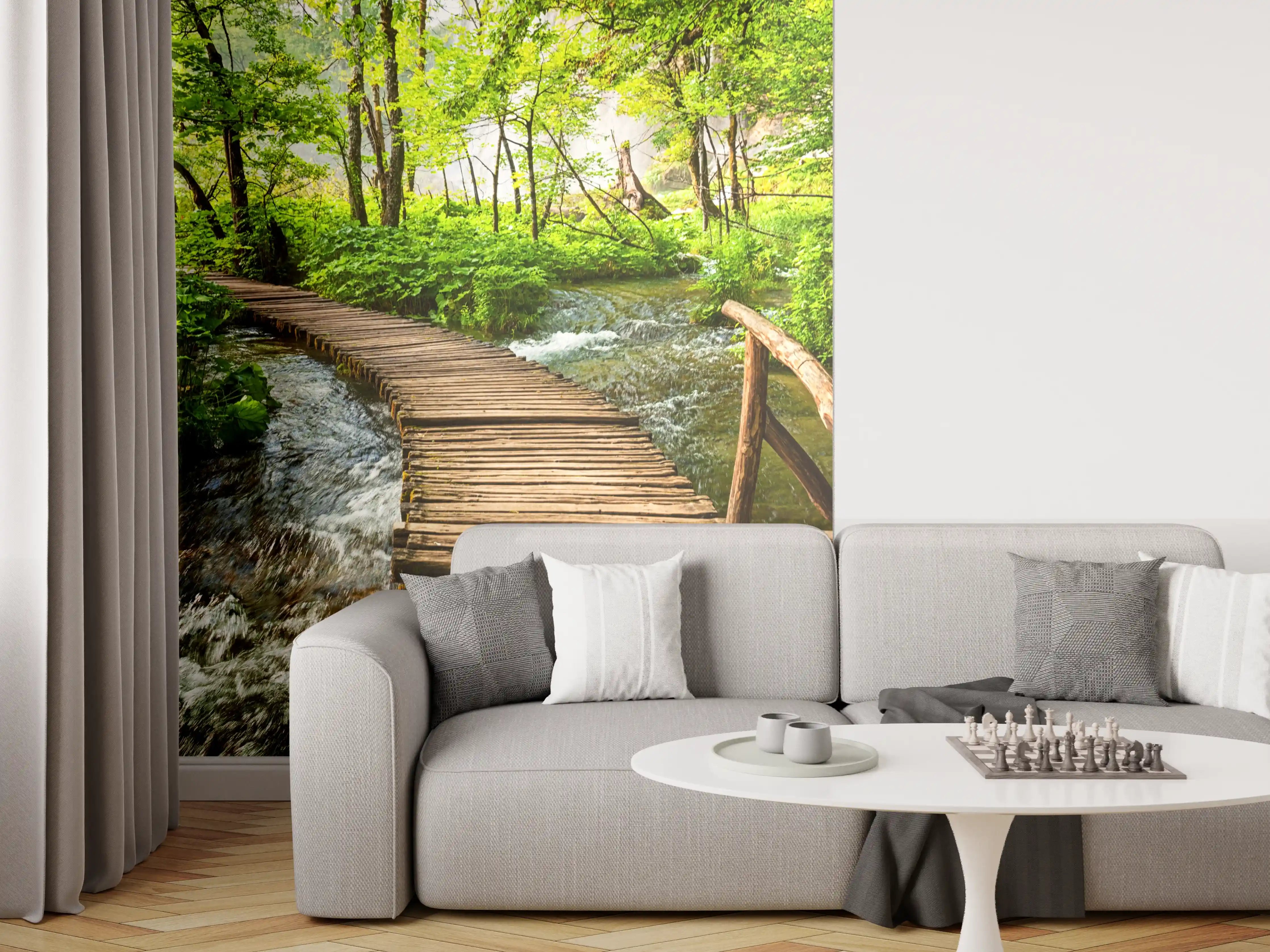 Wandverkleidung Wohnzimmer - Idyllischer Waldweg mit Fluss