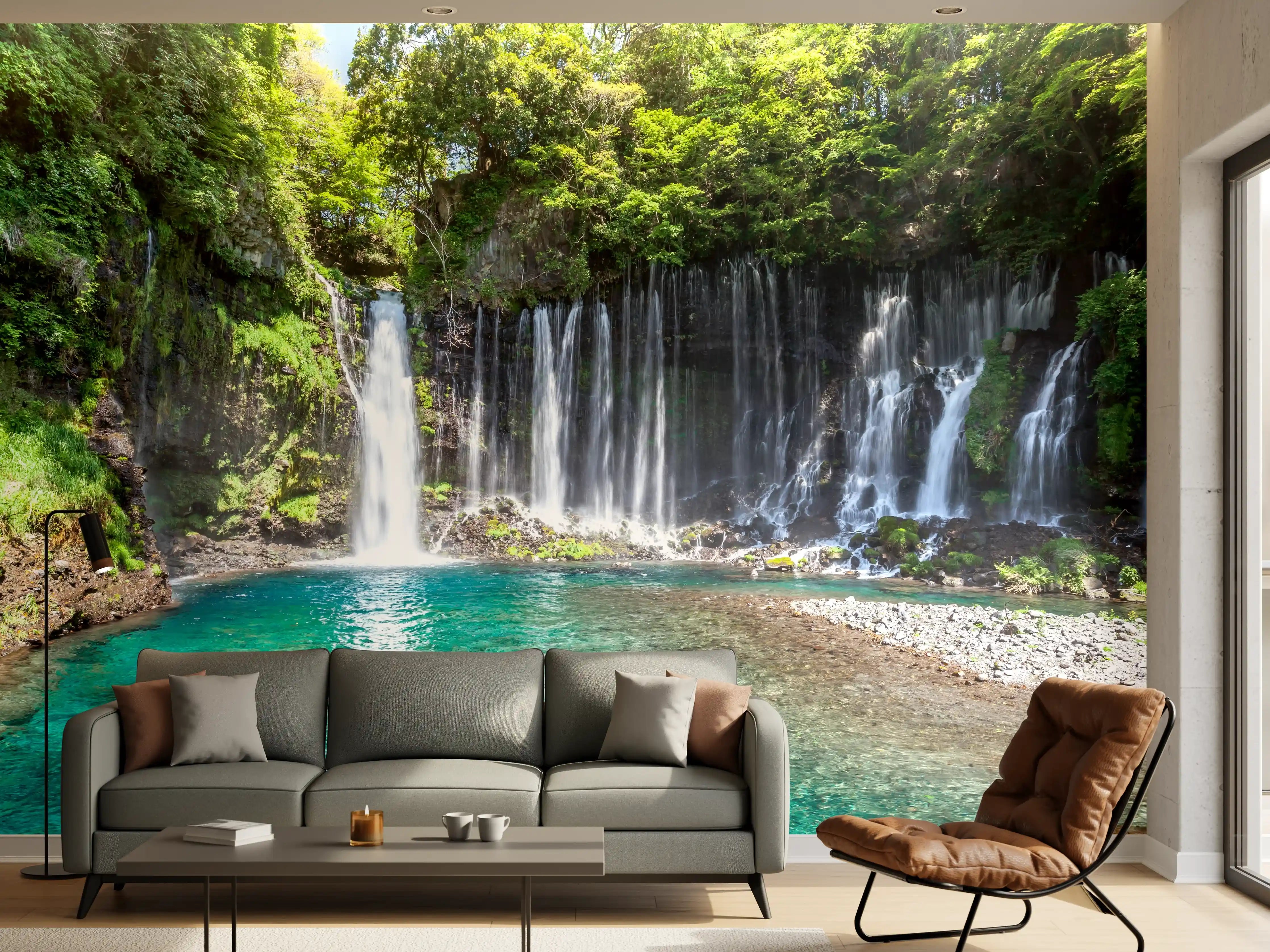 Wandverkleidung Wohnzimmer - Idyllischer Wasserfall inmitten der Natur