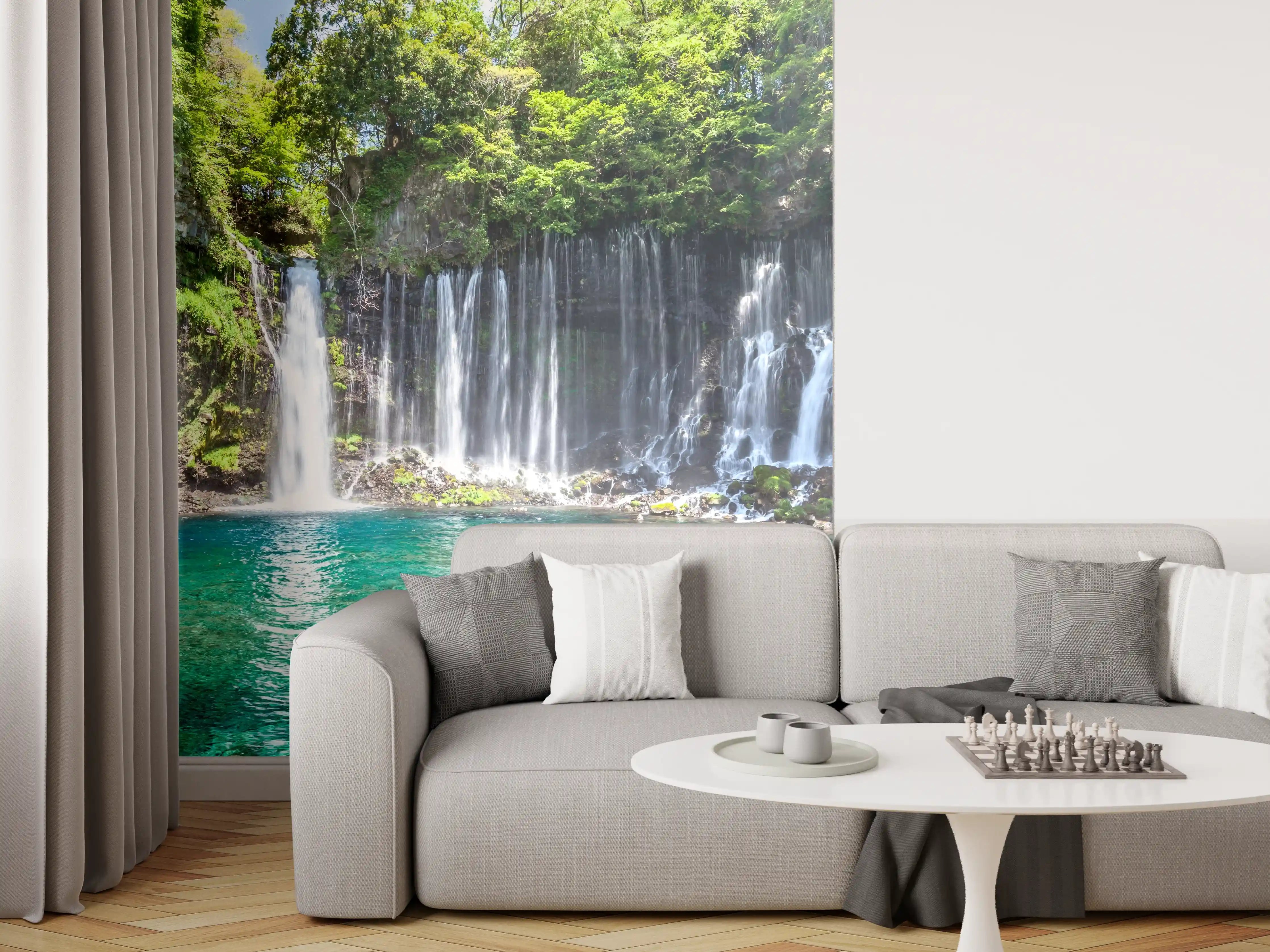 Wandverkleidung Wohnzimmer - Idyllischer Wasserfall inmitten der Natur