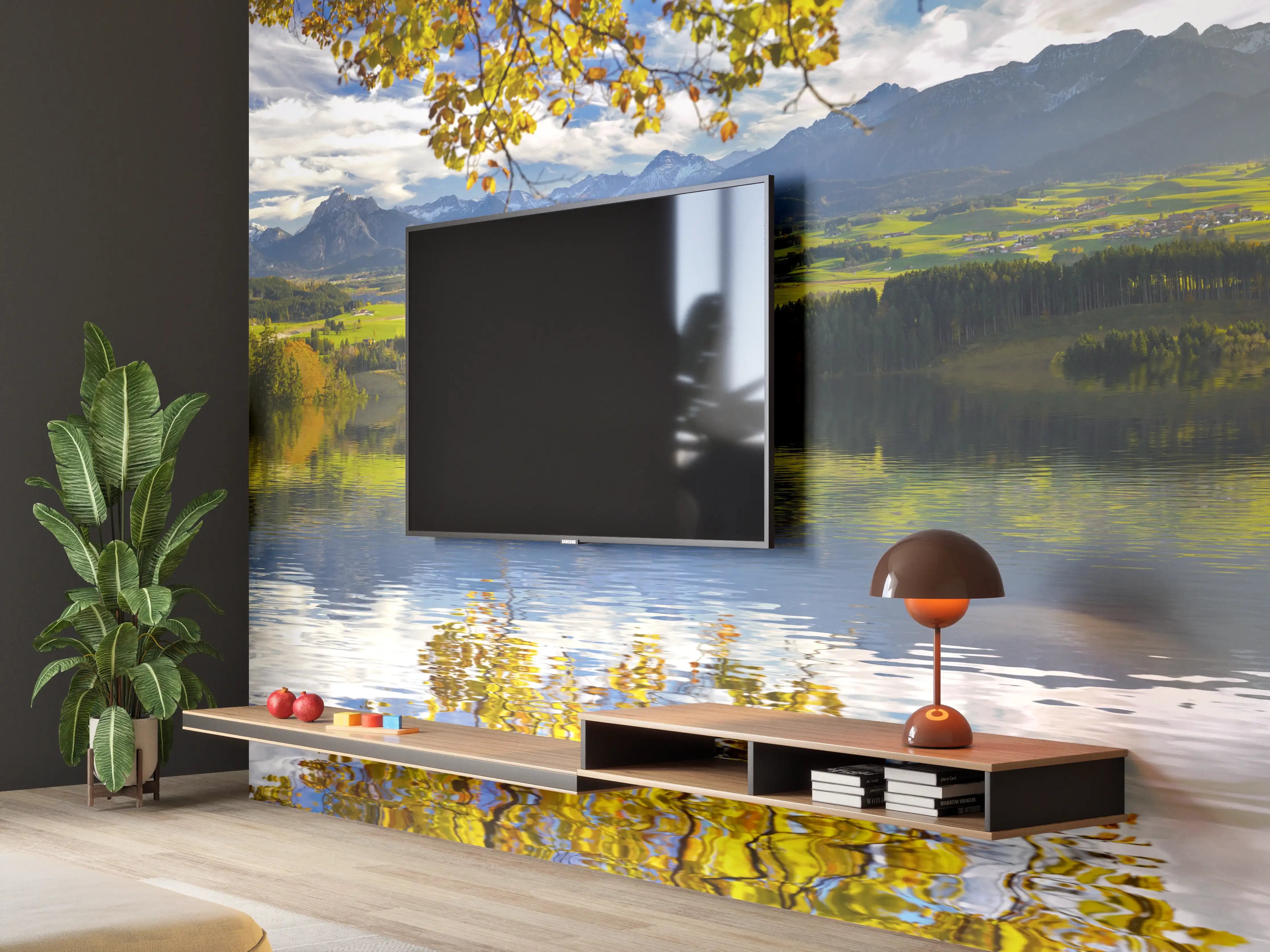 Wandverkleidung Wohnzimmer - Idyllisches Landschaftsbild mit Wasser und Bergen