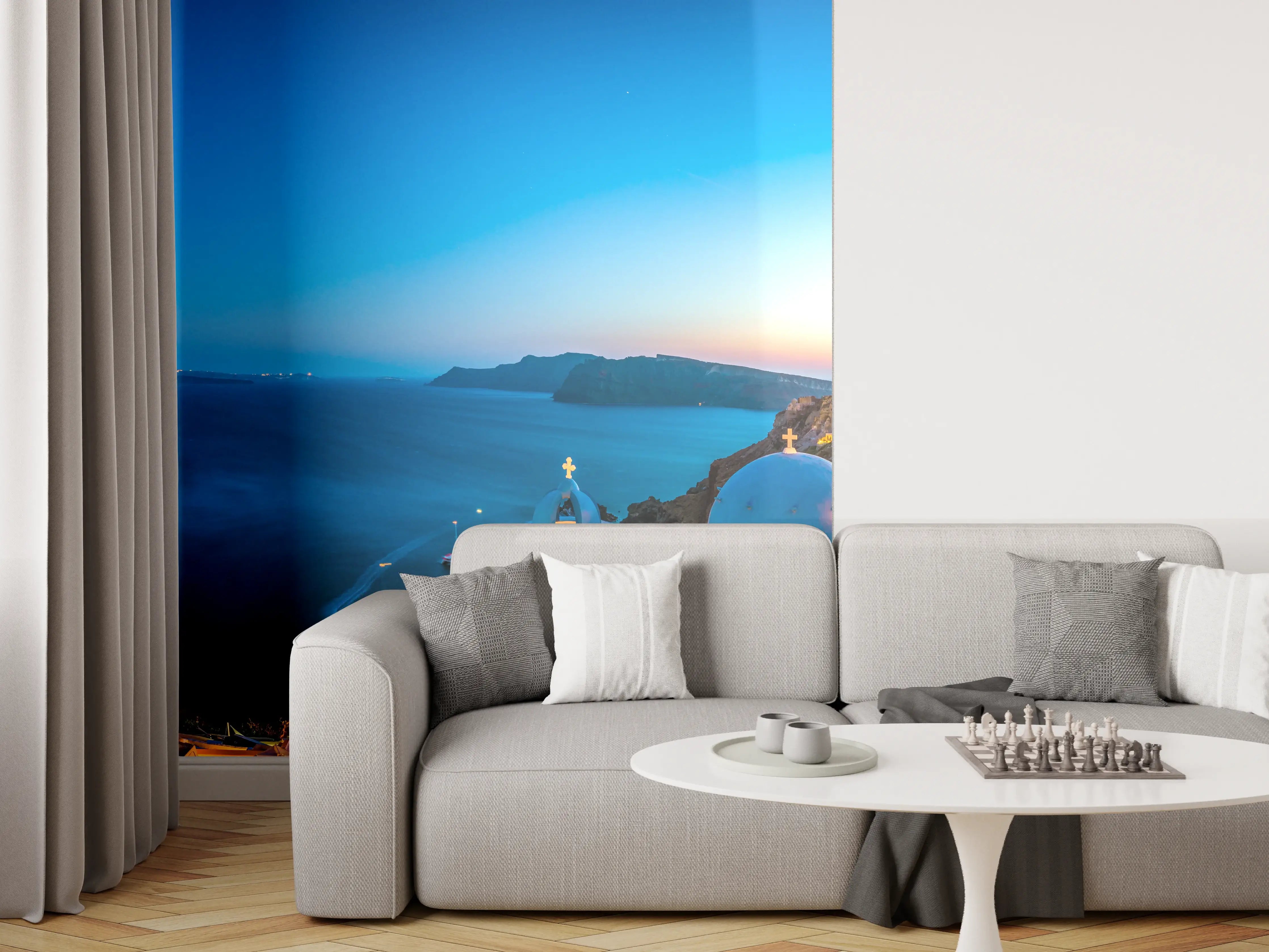 Wandverkleidung Wohnzimmer - Idyllisches Santorini bei Sonnenuntergang