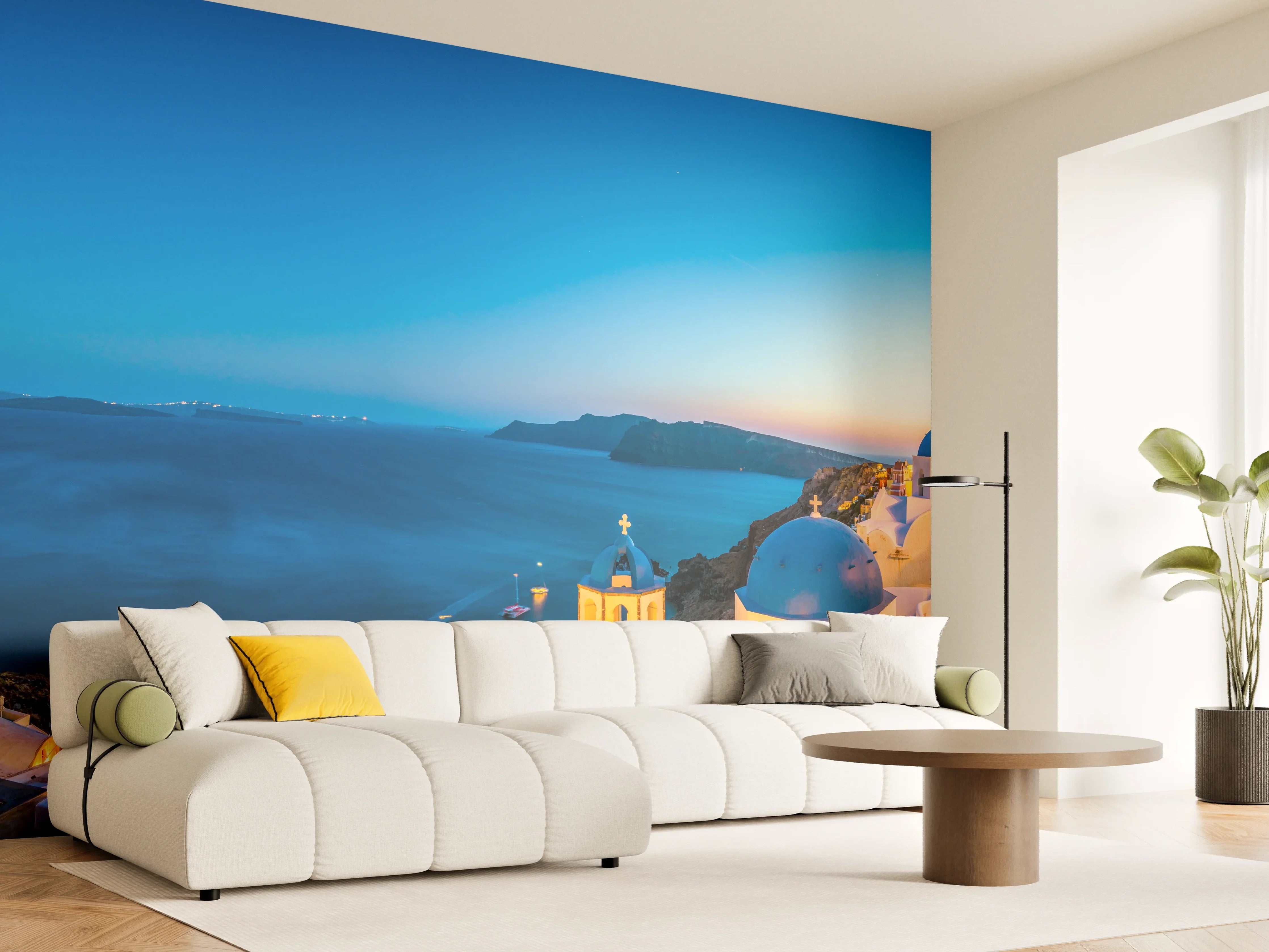 Wandverkleidung Wohnzimmer - Idyllisches Santorini bei Sonnenuntergang