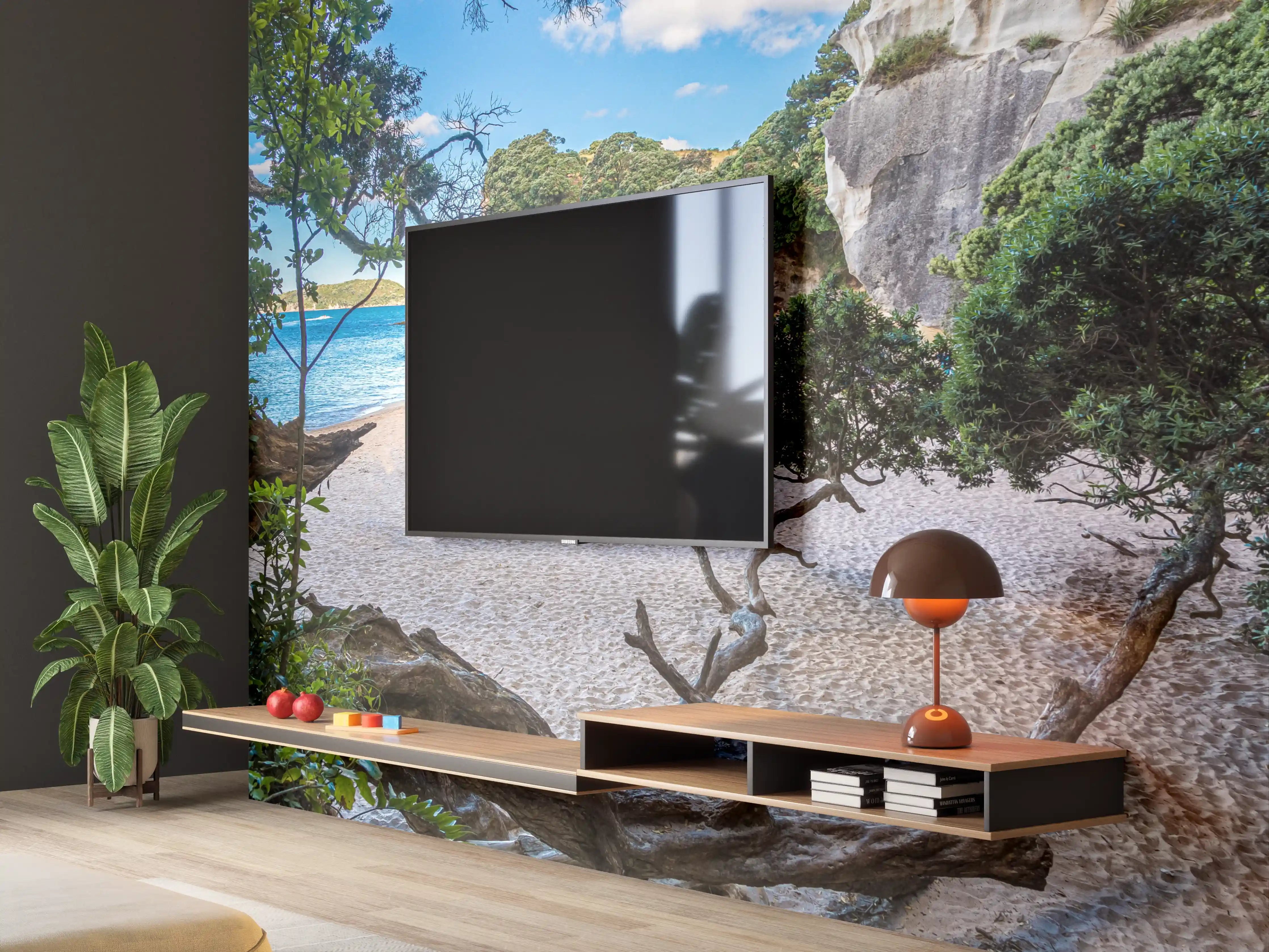 Wandverkleidung Wohnzimmer - Idyllisches Strandparadies mit Felsen und Bäumen