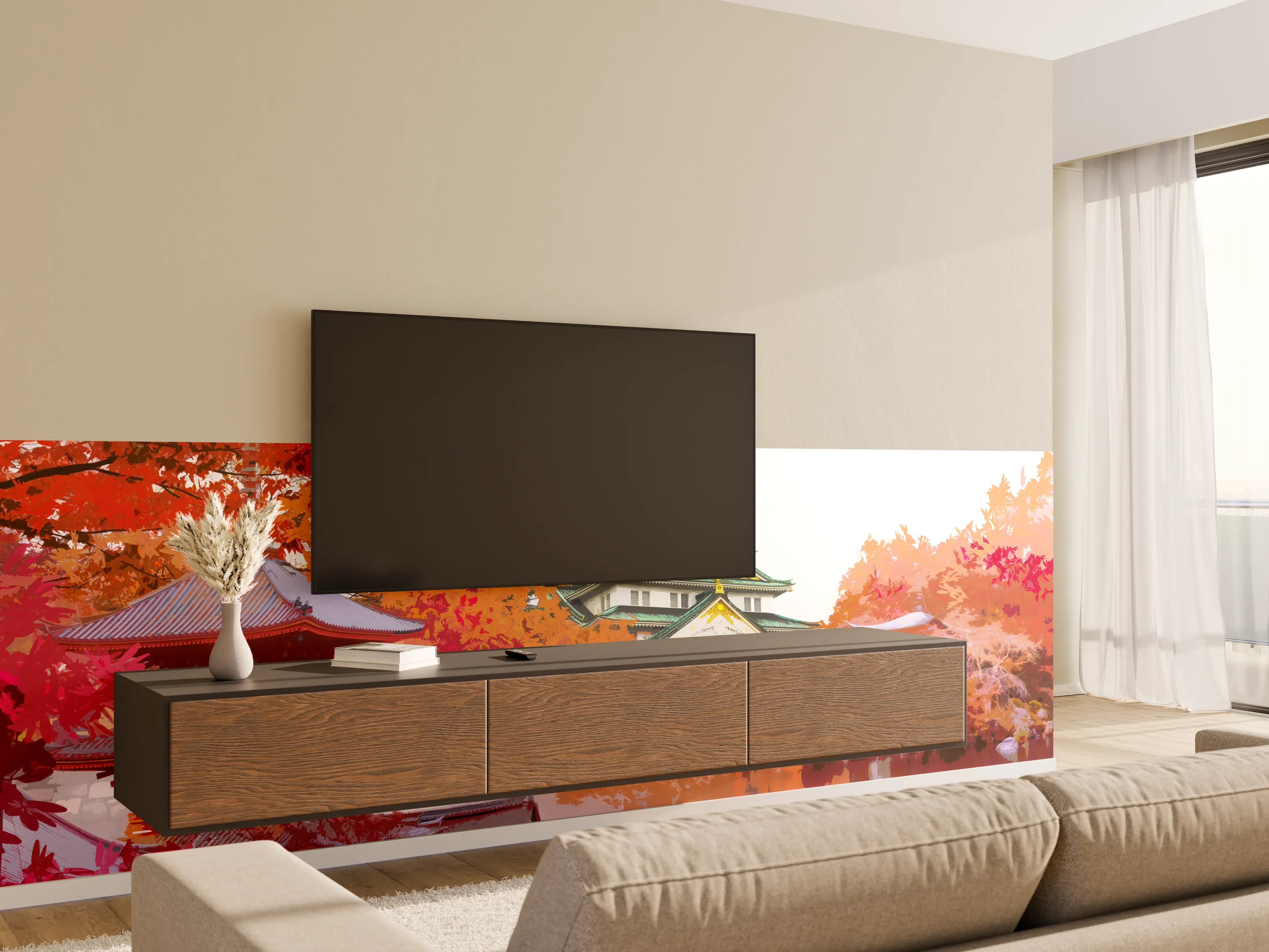Wandverkleidung Wohnzimmer - Impression eines japanischen Landschaftswegs bei Herbstfarben