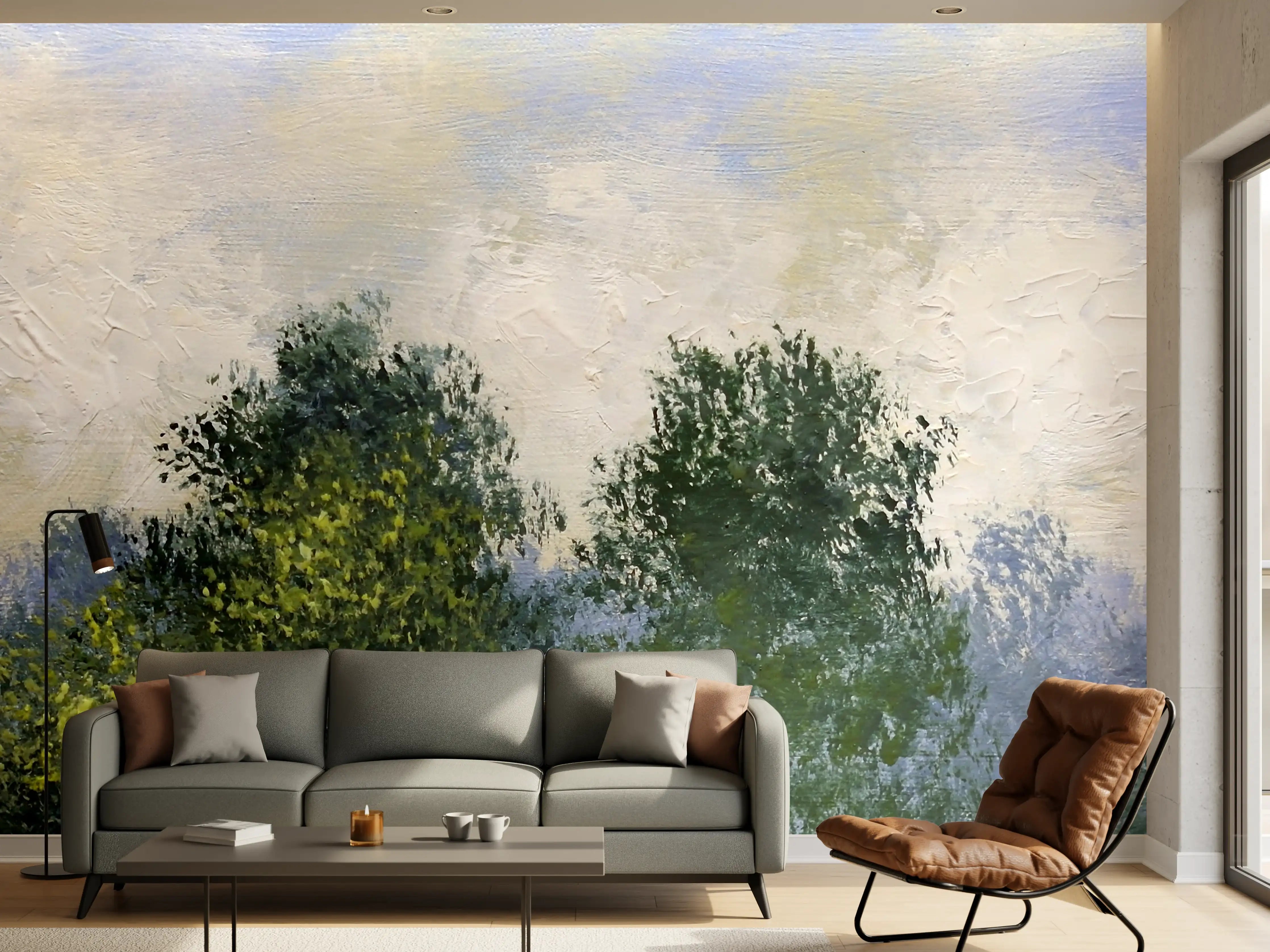 Wandverkleidung Wohnzimmer - Impressionistische Landschaftsmalerei mit Bäumen