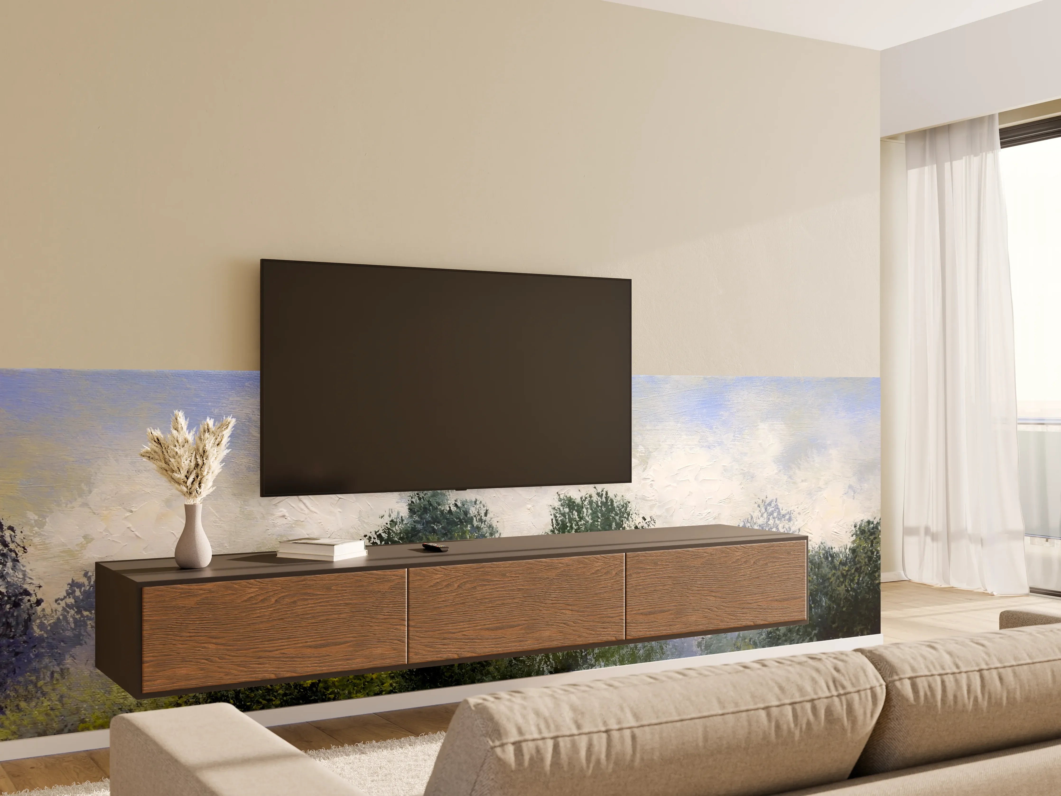 Wandverkleidung Wohnzimmer - Impressionistische Landschaftsmalerei mit Bäumen