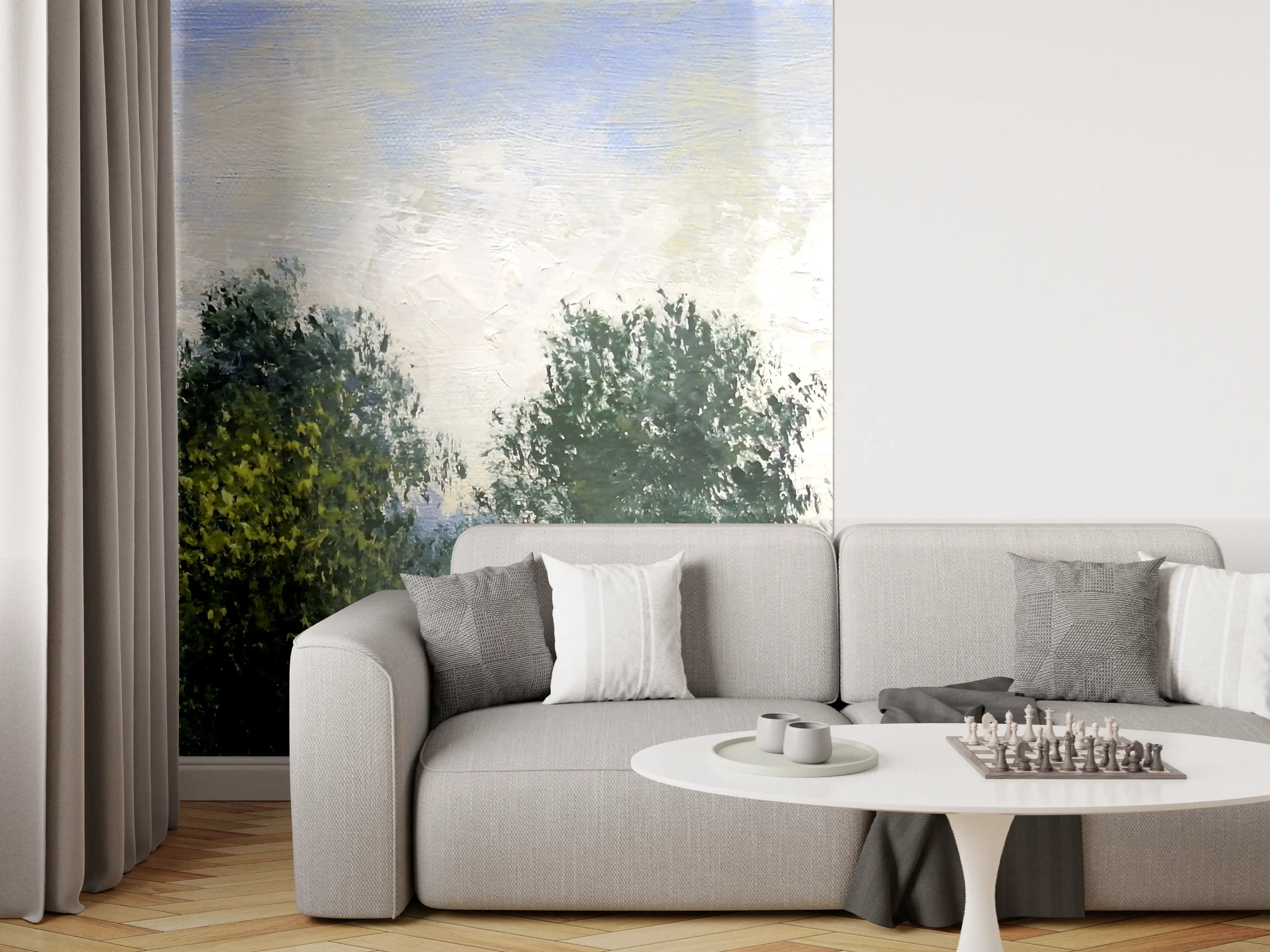 Wandverkleidung Wohnzimmer - Impressionistische Landschaftsmalerei mit Bäumen