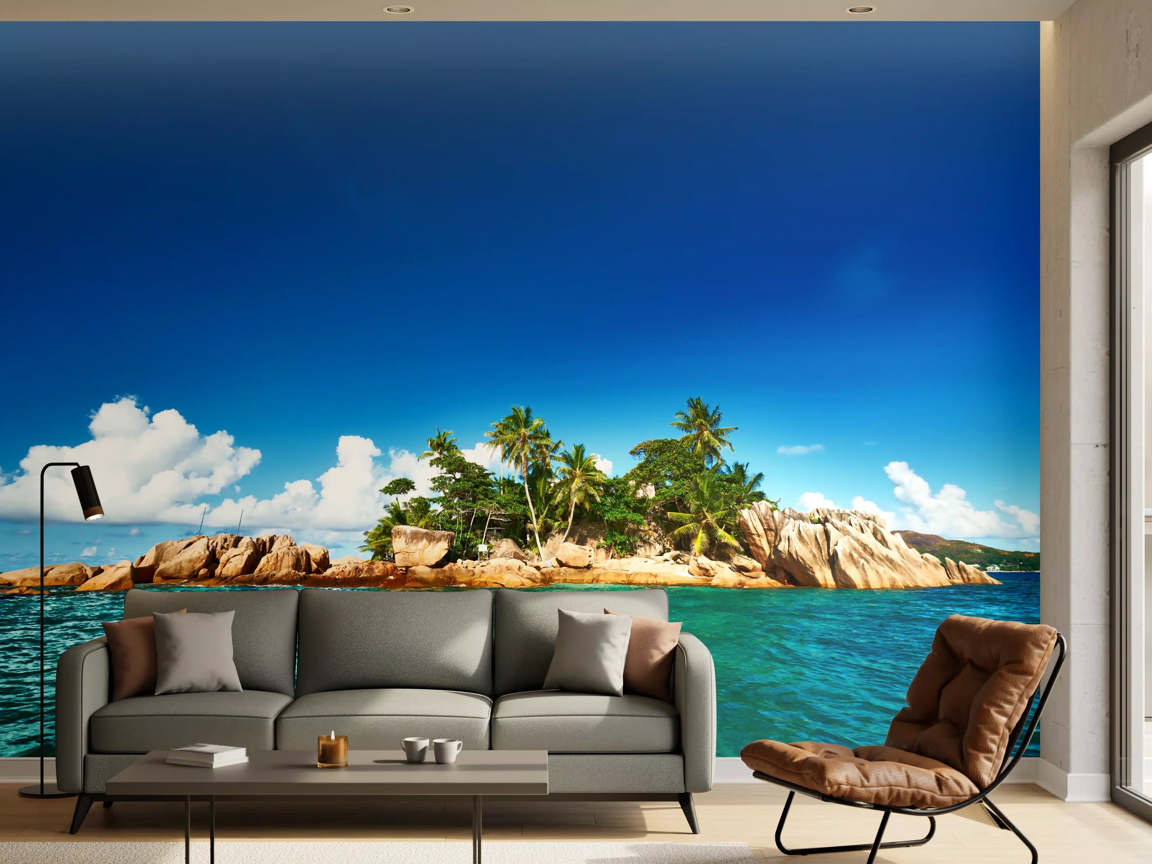 Wandverkleidung Wohnzimmer - Inselparadies im blauen Wasser