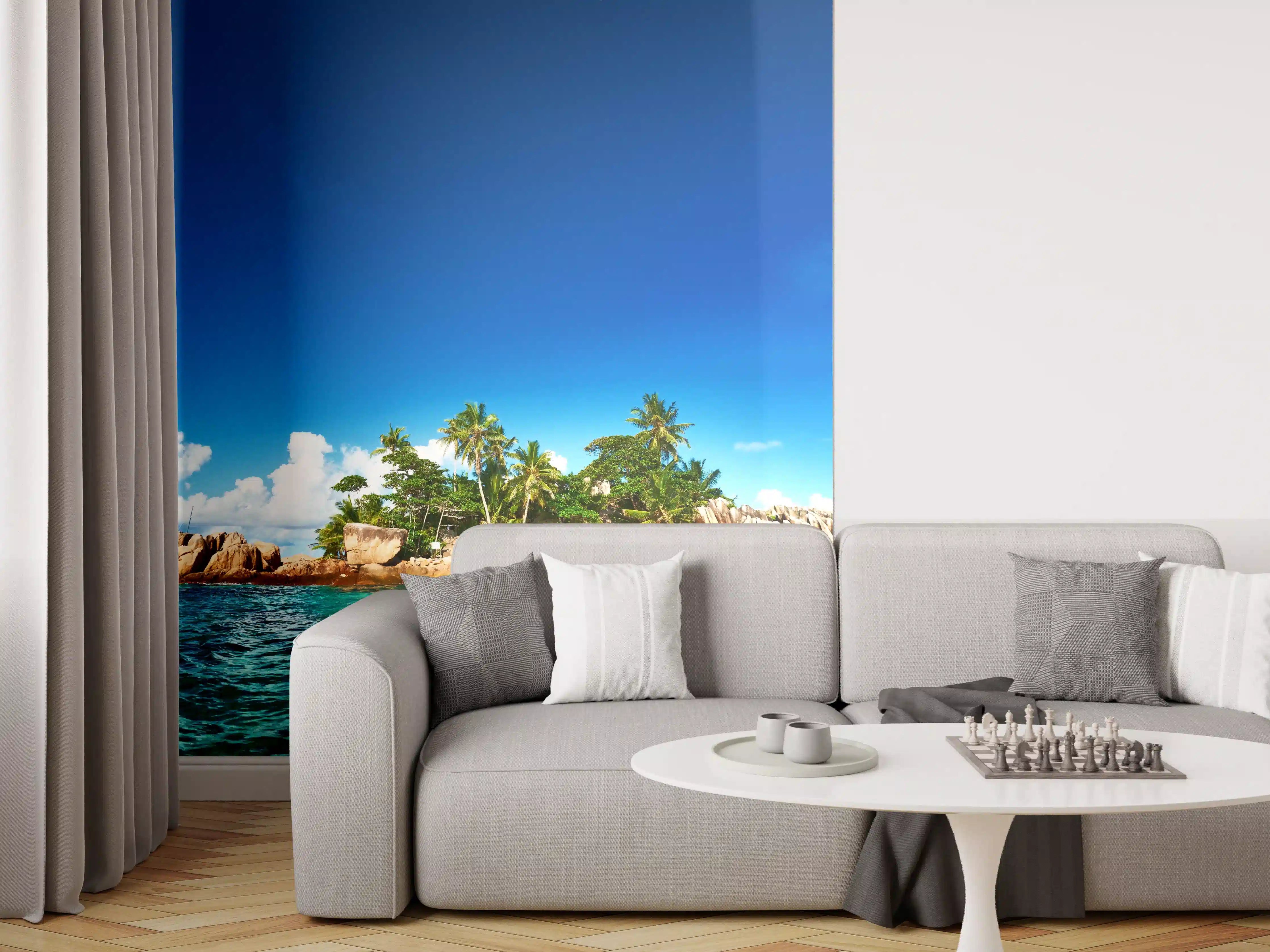 Wandverkleidung Wohnzimmer - Inselparadies im blauen Wasser