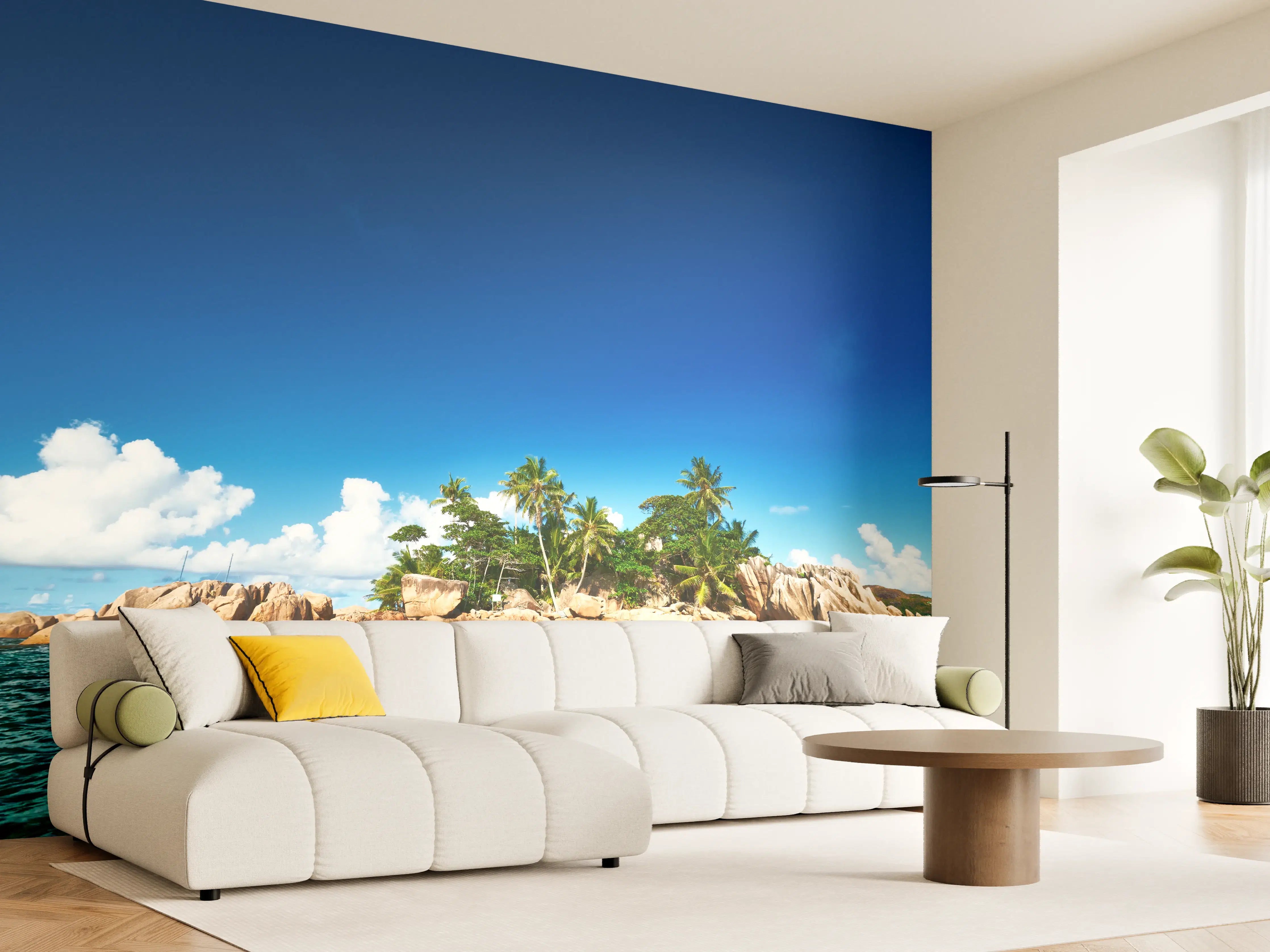 Wandverkleidung Wohnzimmer - Inselparadies im blauen Wasser