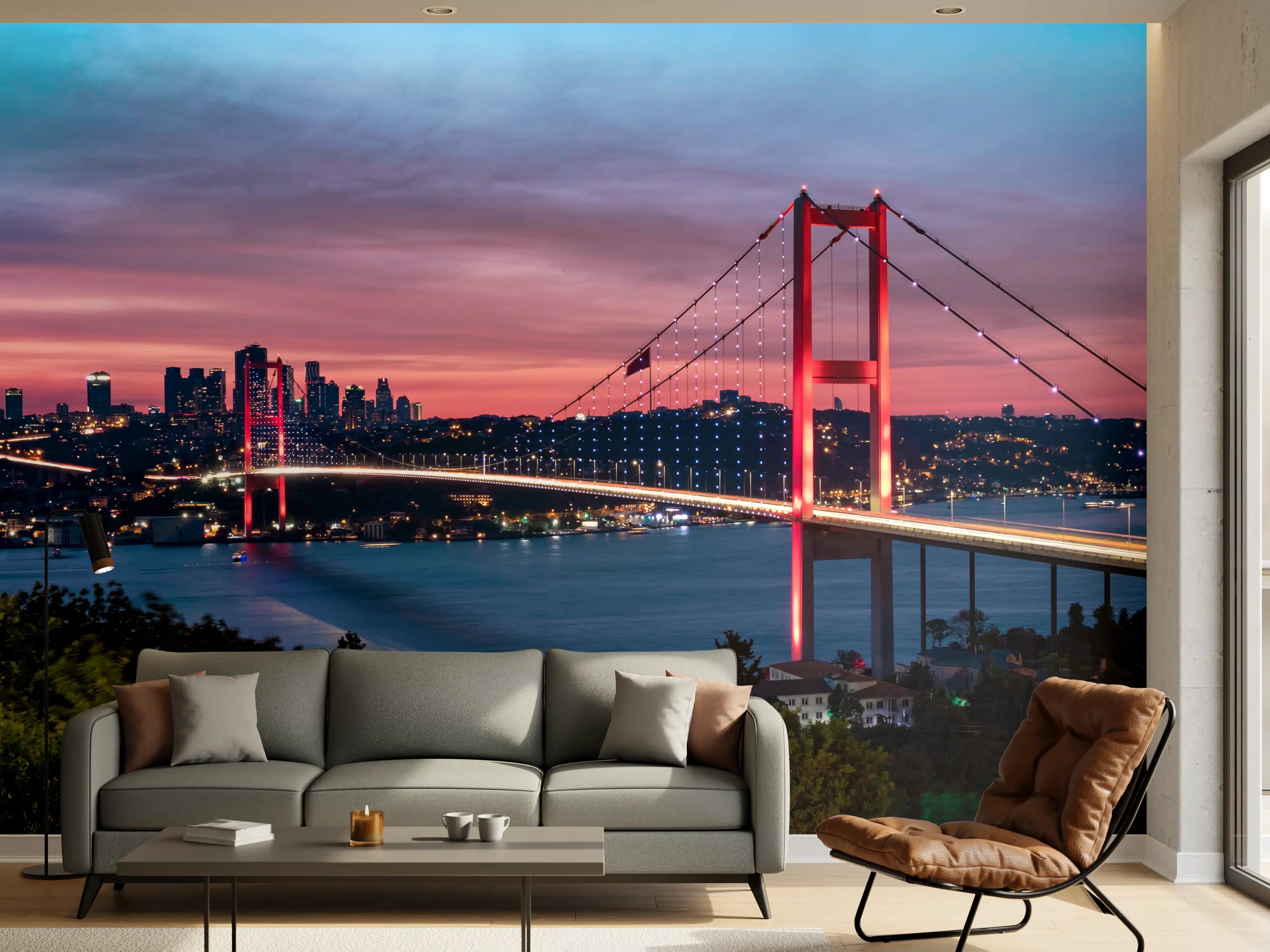 Wandverkleidung Wohnzimmer - Istanbul Bosporusbrücke bei Dämmerung