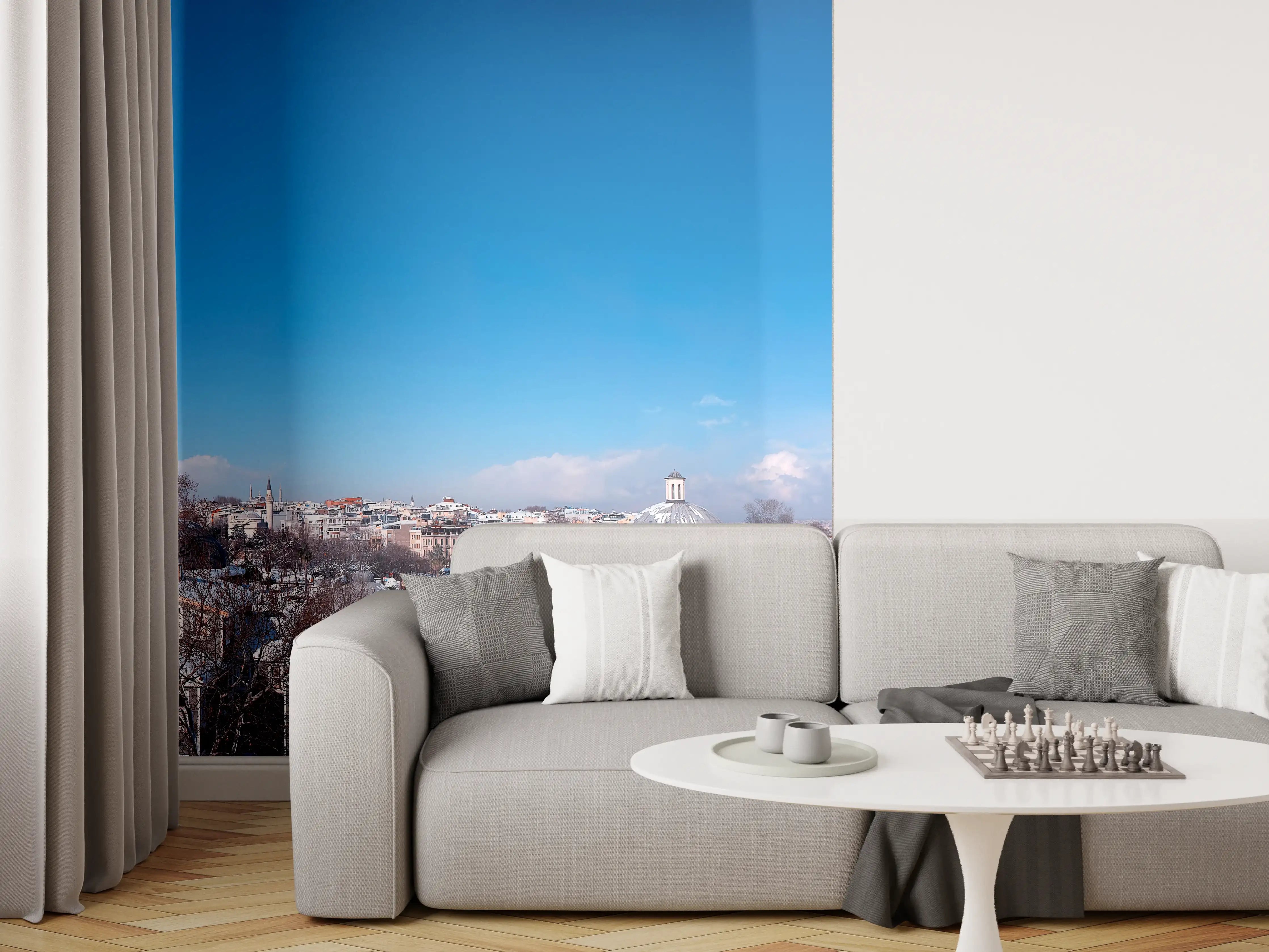Wandverkleidung Wohnzimmer - Istanbul Skyline Blau-Weiß