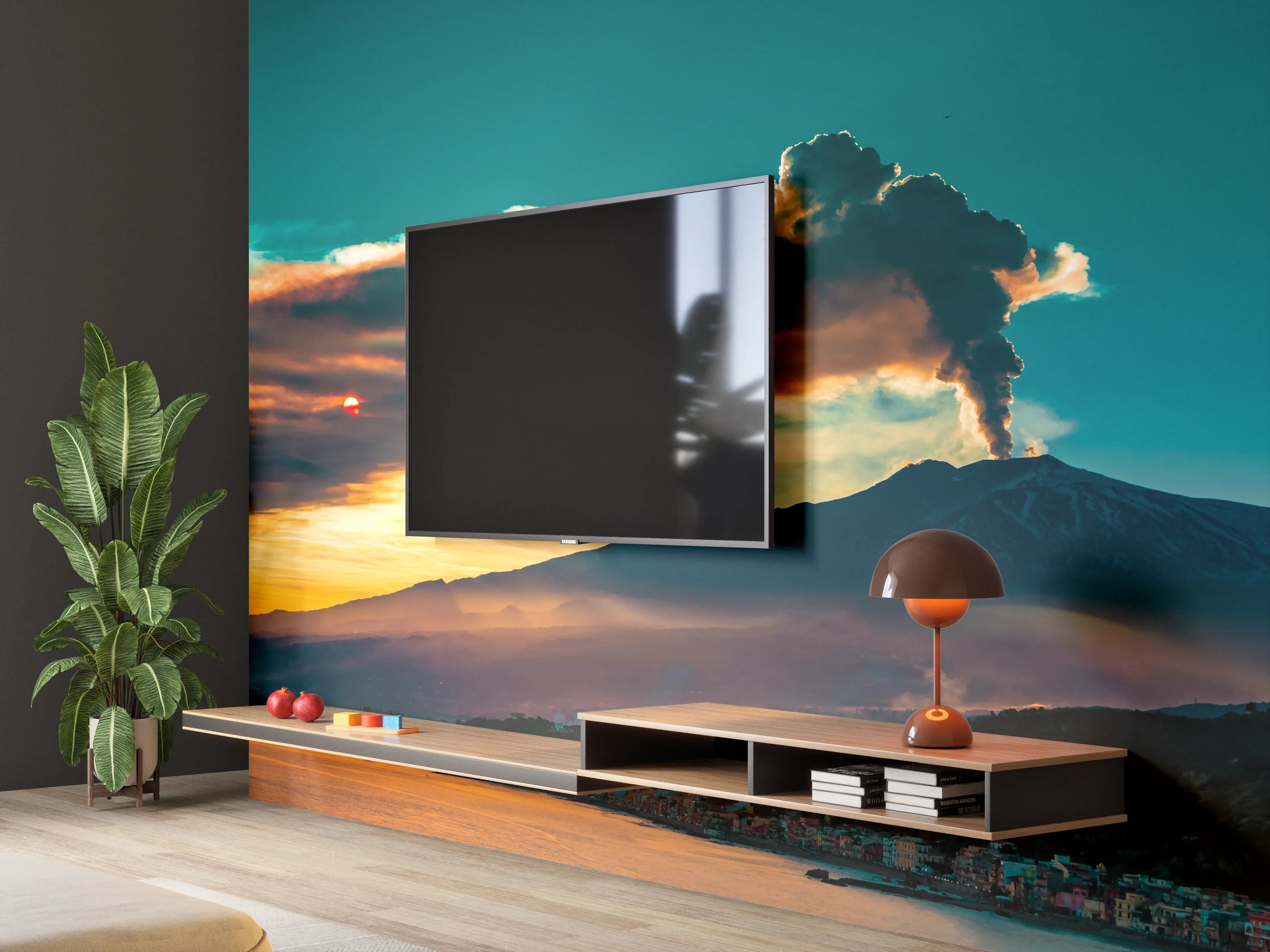 Wandverkleidung Wohnzimmer - Italienische Küste mit Vulkan
