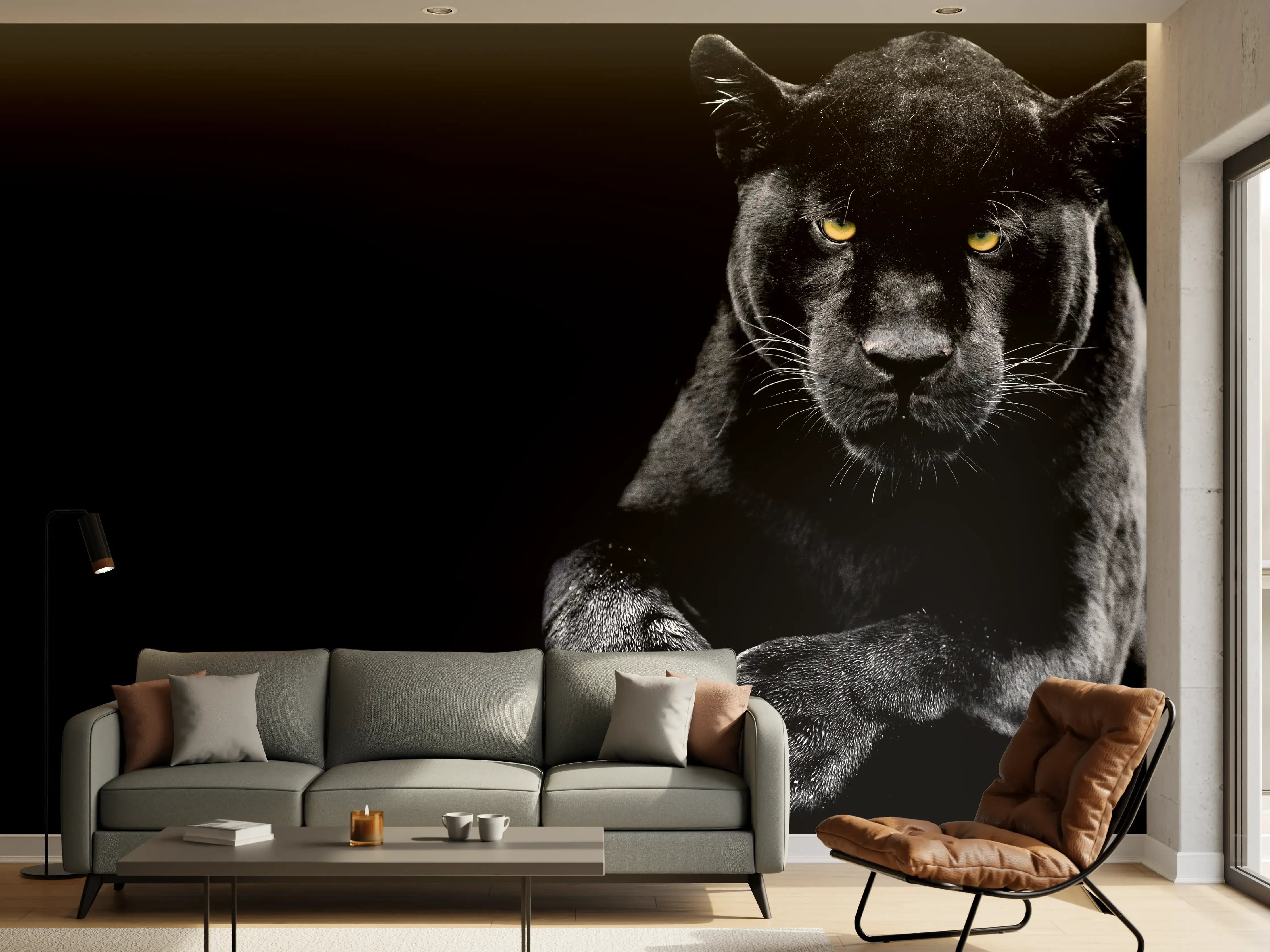 Wandverkleidung Wohnzimmer - Jaguar auf schwarzem Hintergrund