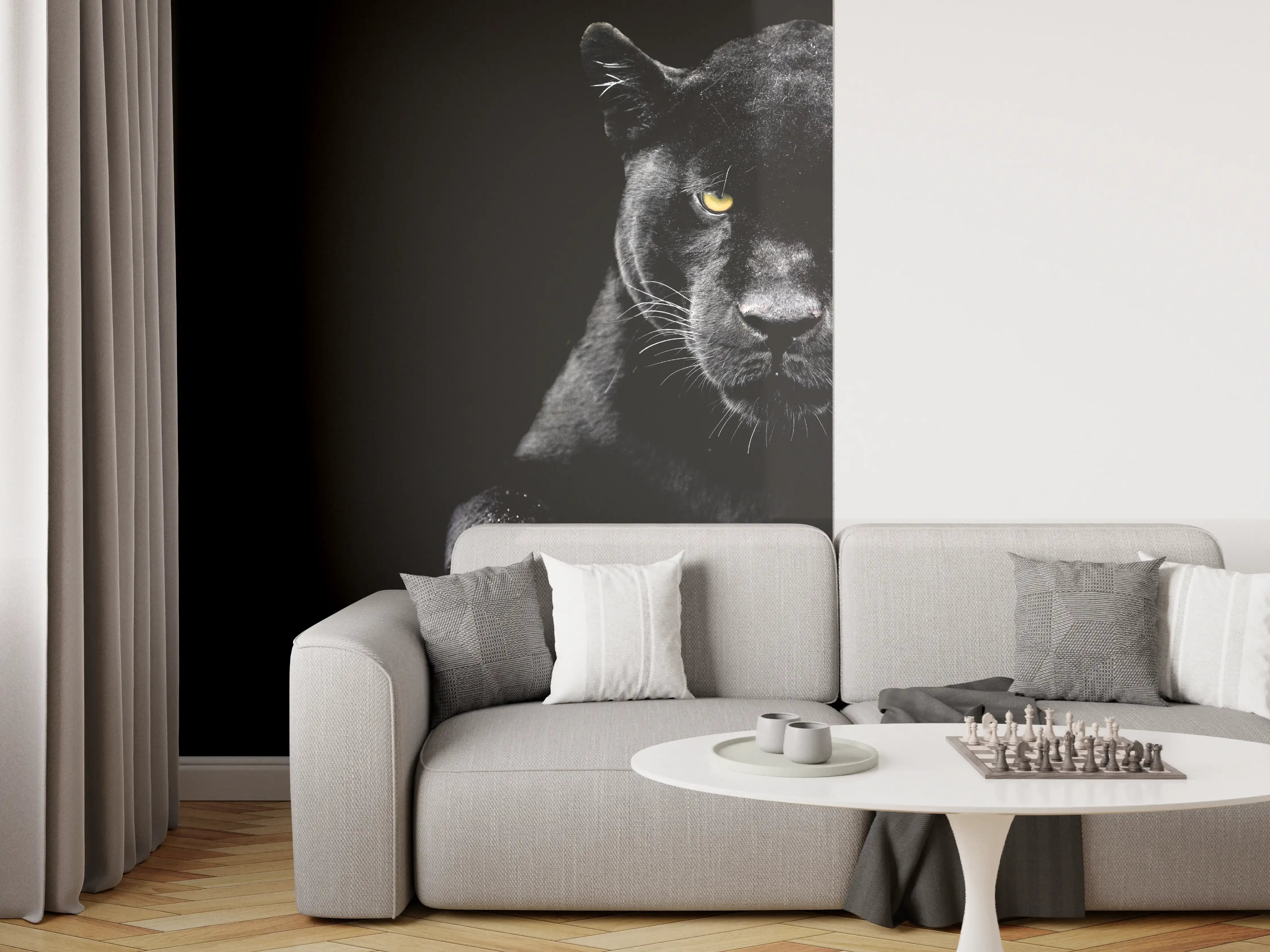 Wandverkleidung Wohnzimmer - Jaguar auf schwarzem Hintergrund