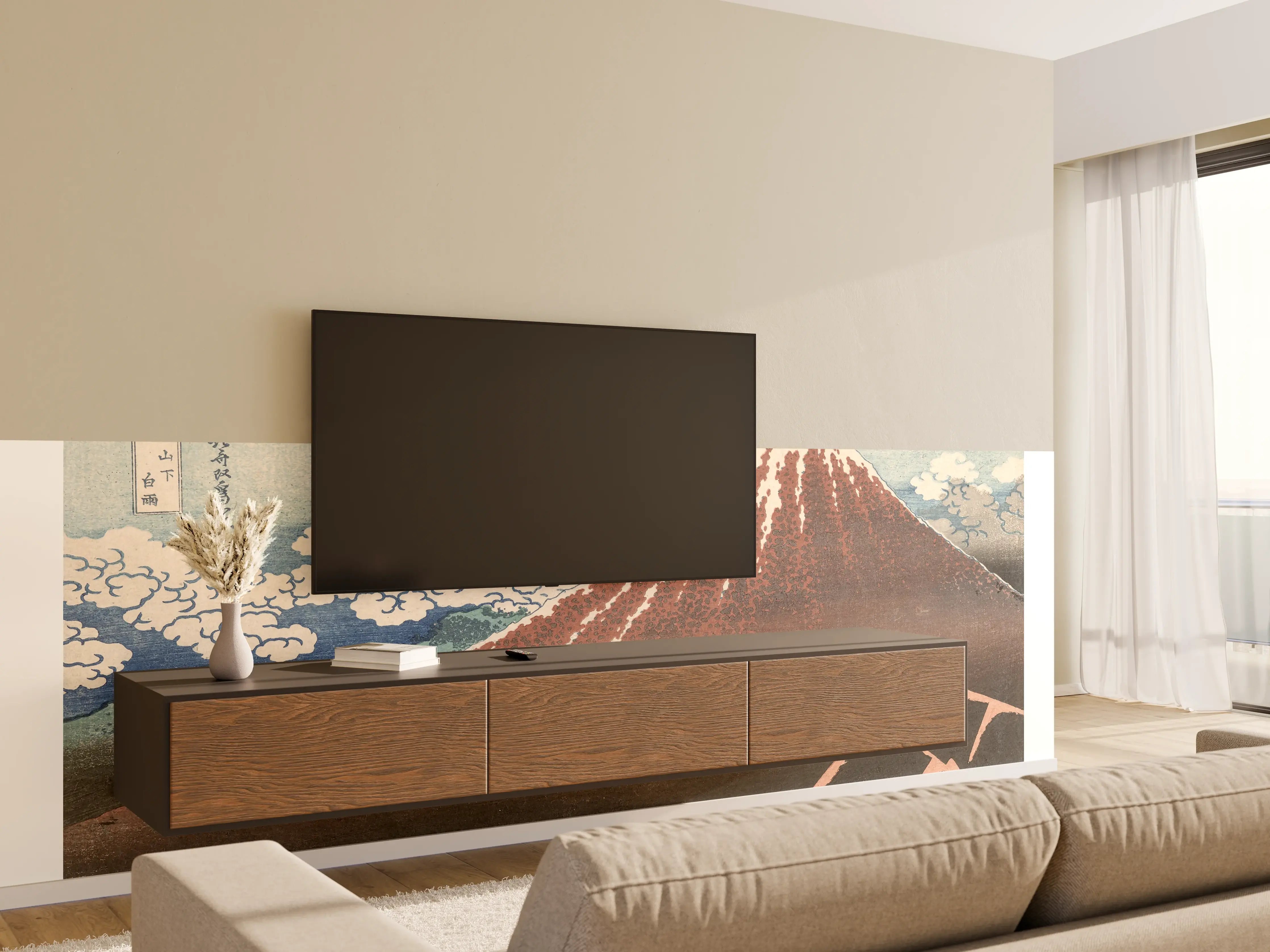 Wandverkleidung Wohnzimmer - Japanischer Berg mit Kirschblüten