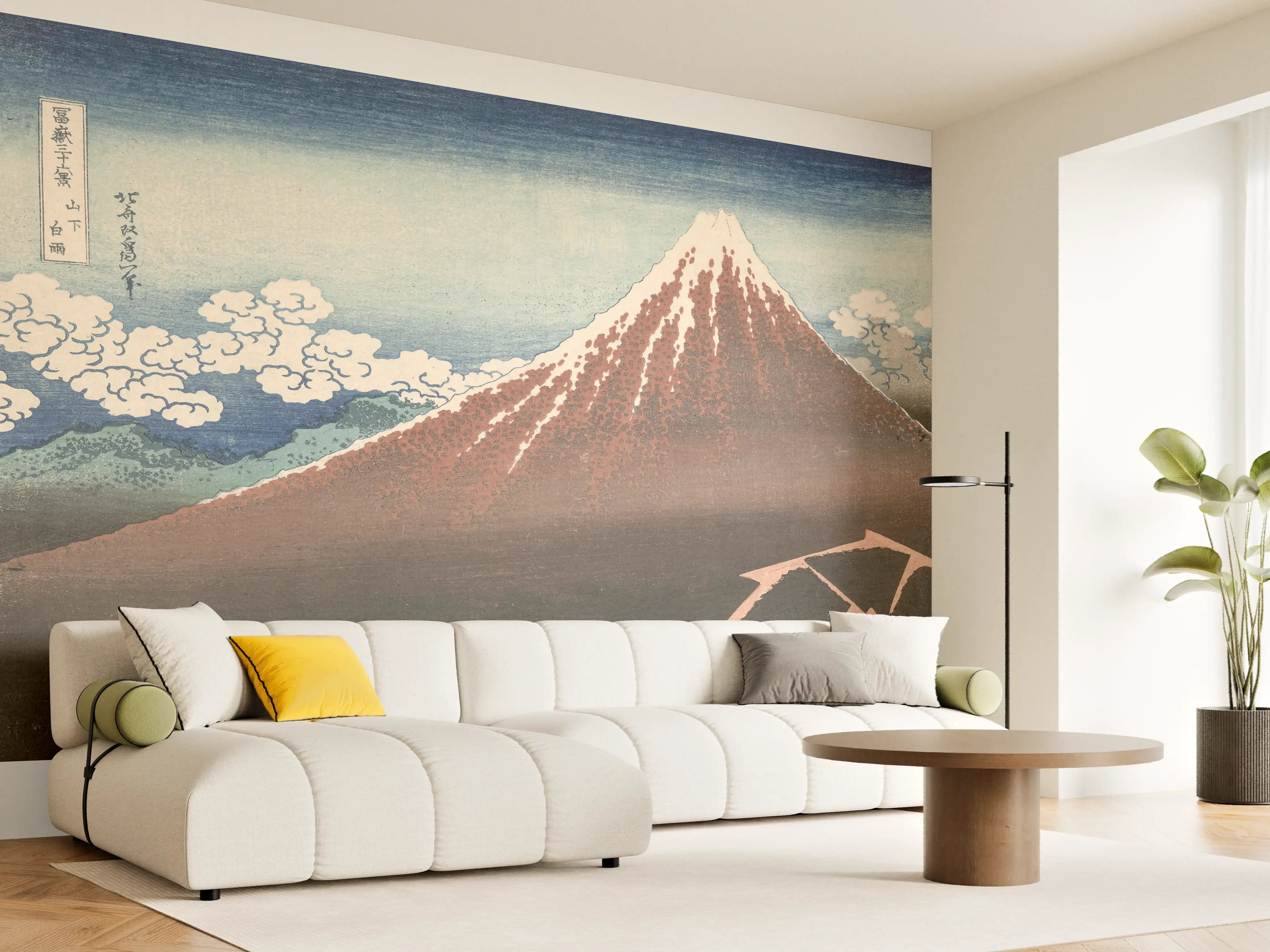 Wandverkleidung Wohnzimmer - Japanischer Berg mit Kirschblüten