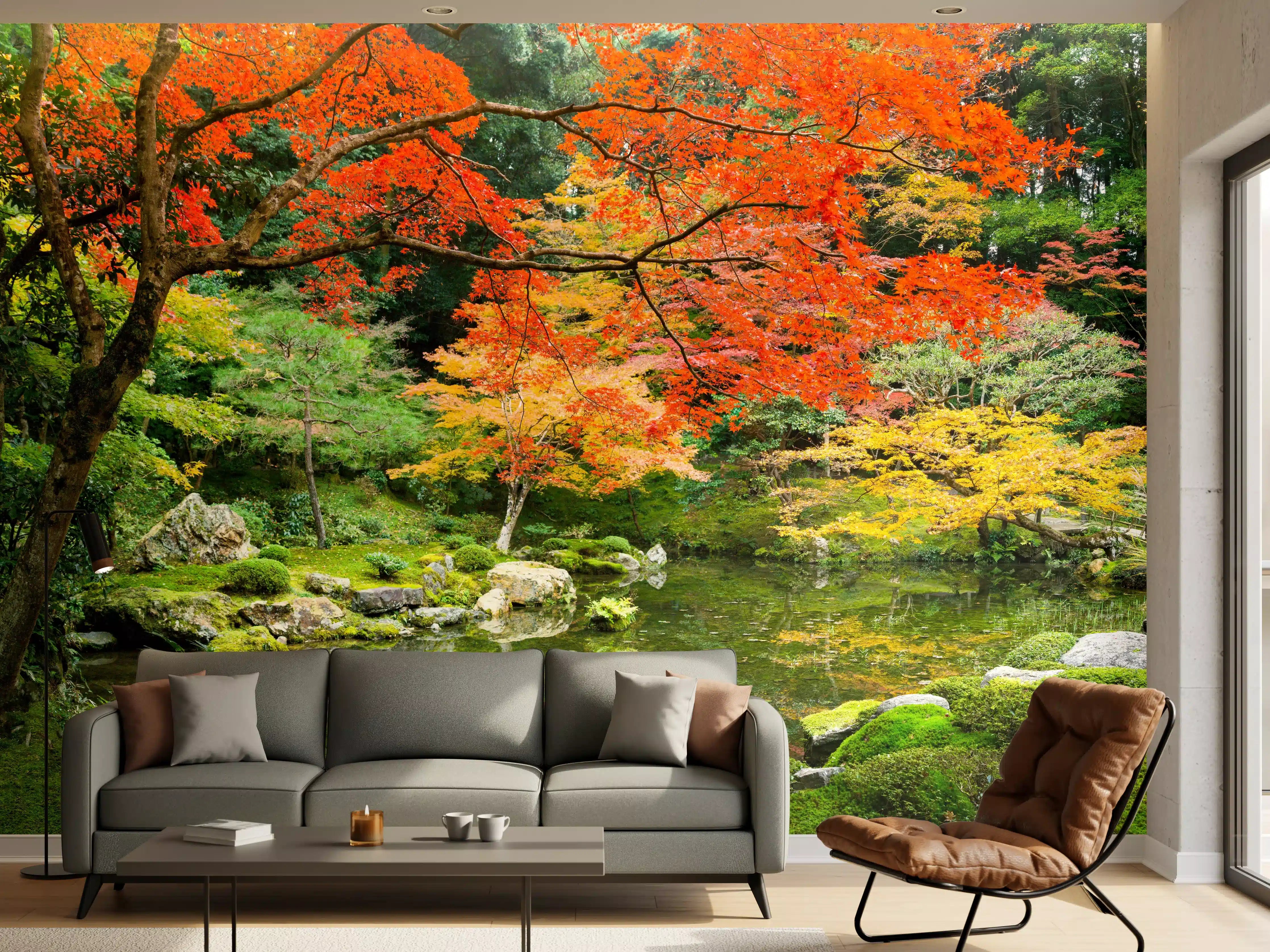 Wandverkleidung Wohnzimmer - Japanischer Garten im Herbst