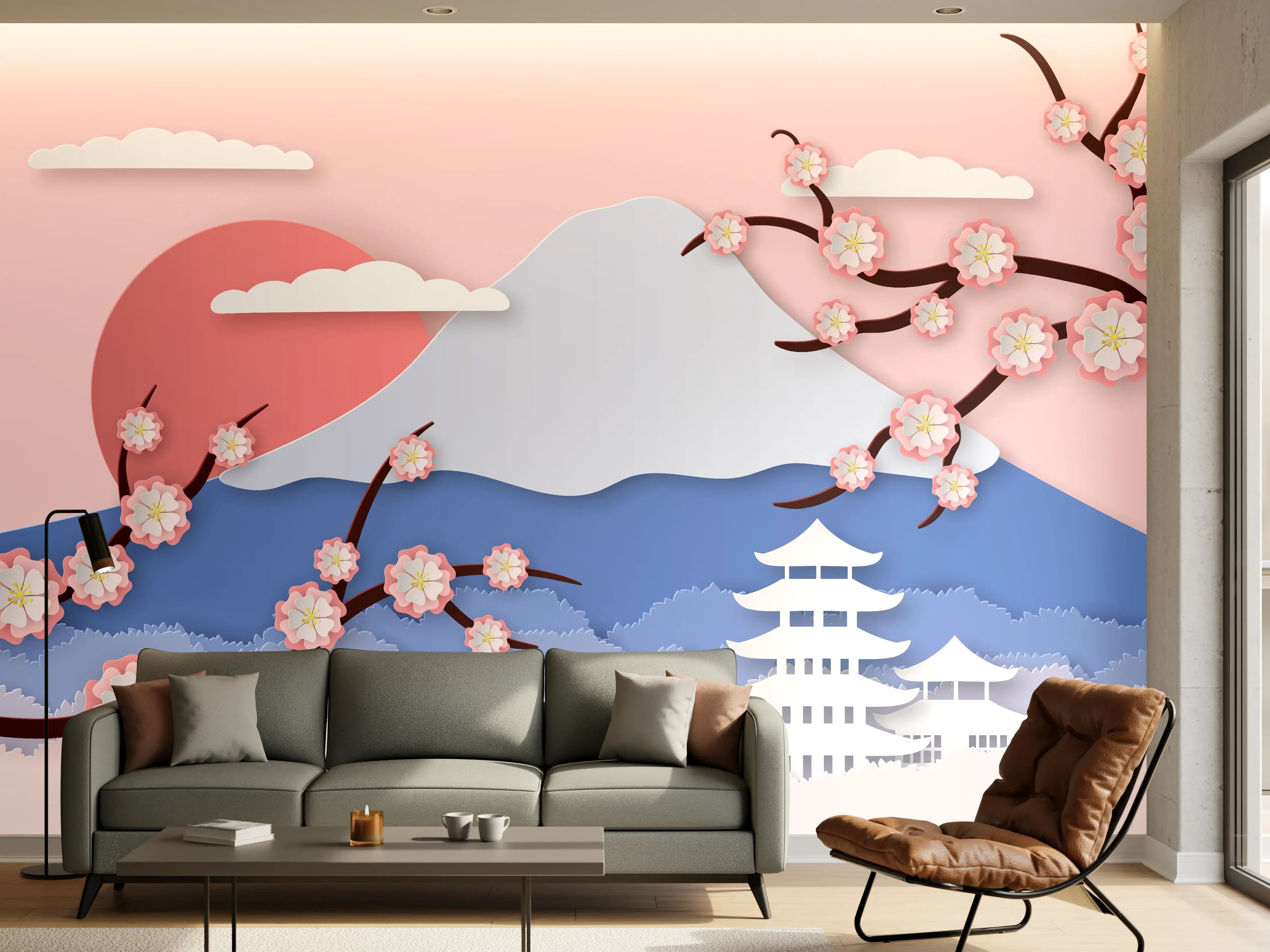 Wandverkleidung Wohnzimmer - Japanischer Kirschblüten-Ansicht