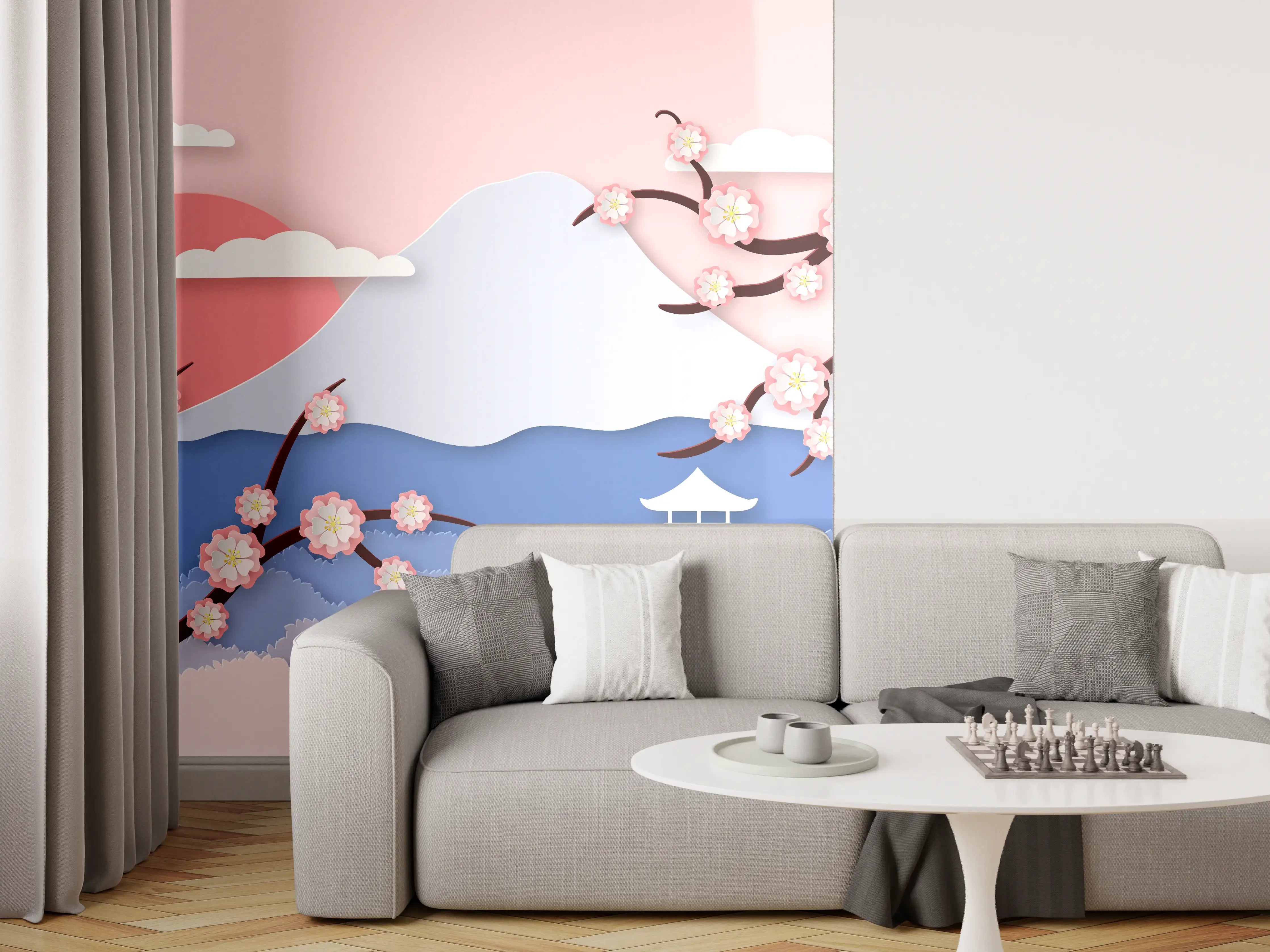 Wandverkleidung Wohnzimmer - Japanischer Kirschblüten-Ansicht