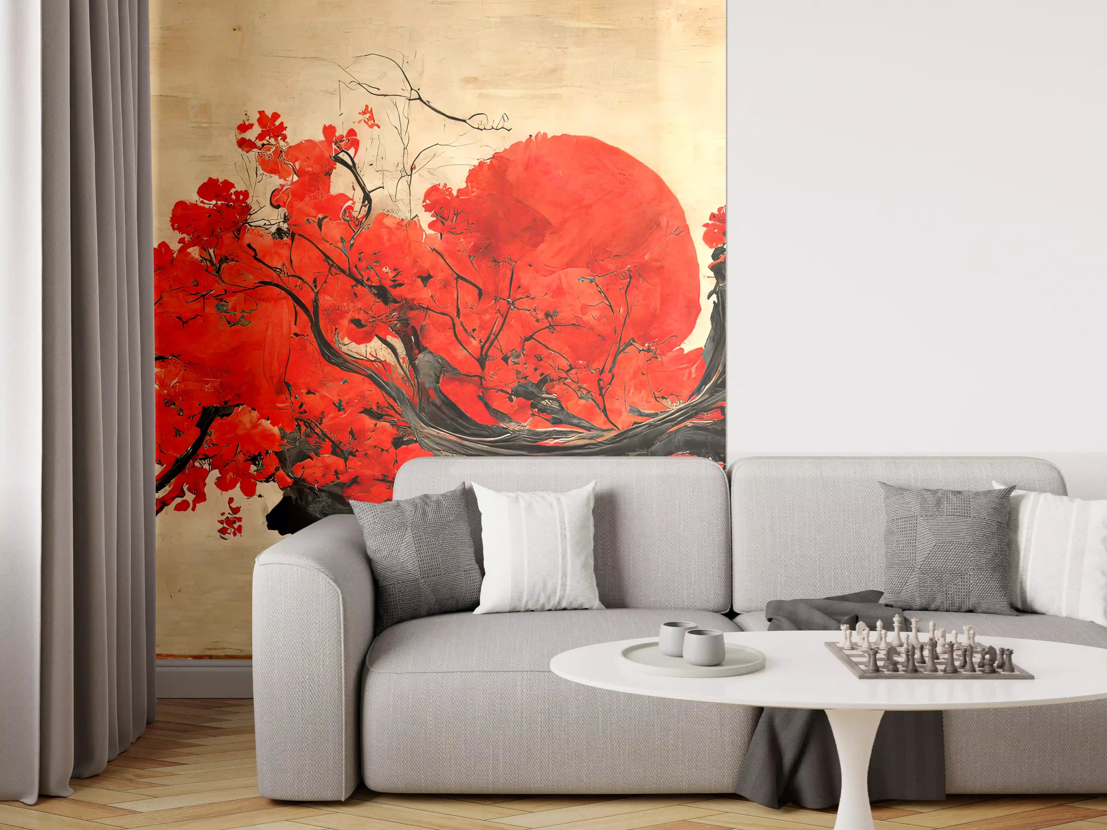 Wandverkleidung Wohnzimmer - Japanischer Kirschblütenbaum mit rotem Mond