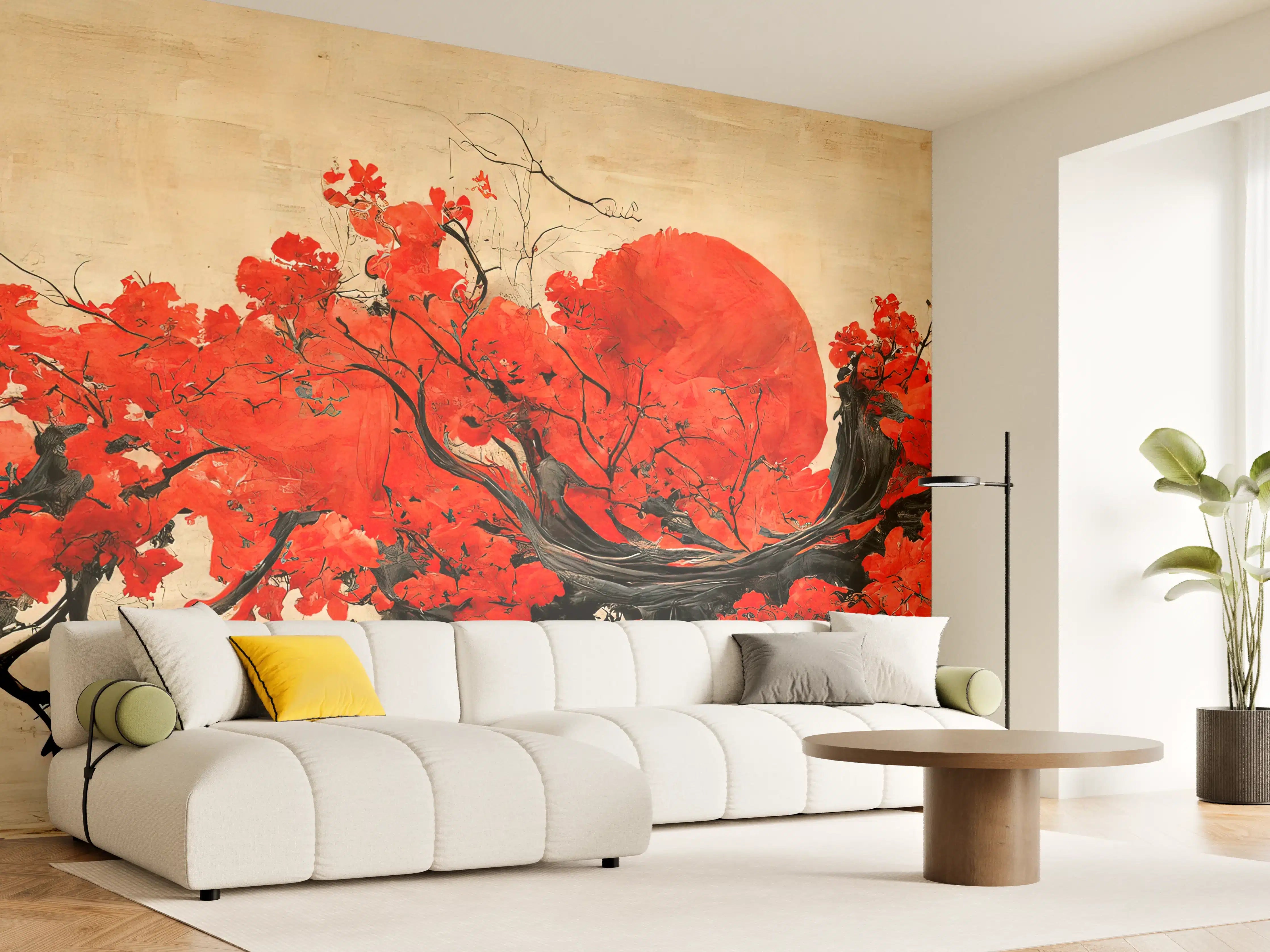 Wandverkleidung Wohnzimmer - Japanischer Kirschblütenbaum mit rotem Mond