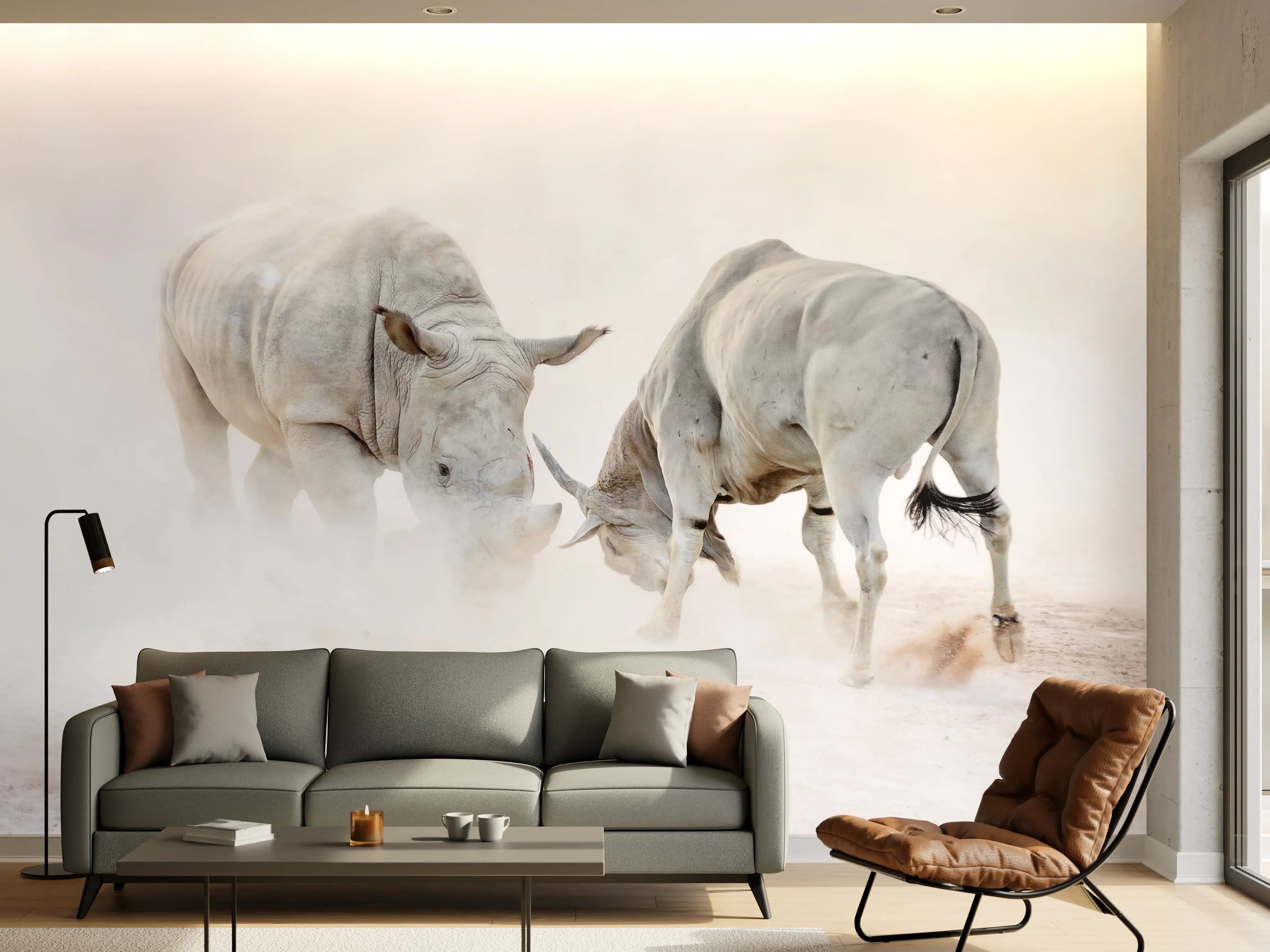 Wandverkleidung Wohnzimmer - Kampf zwischen Nashorn und Oryx