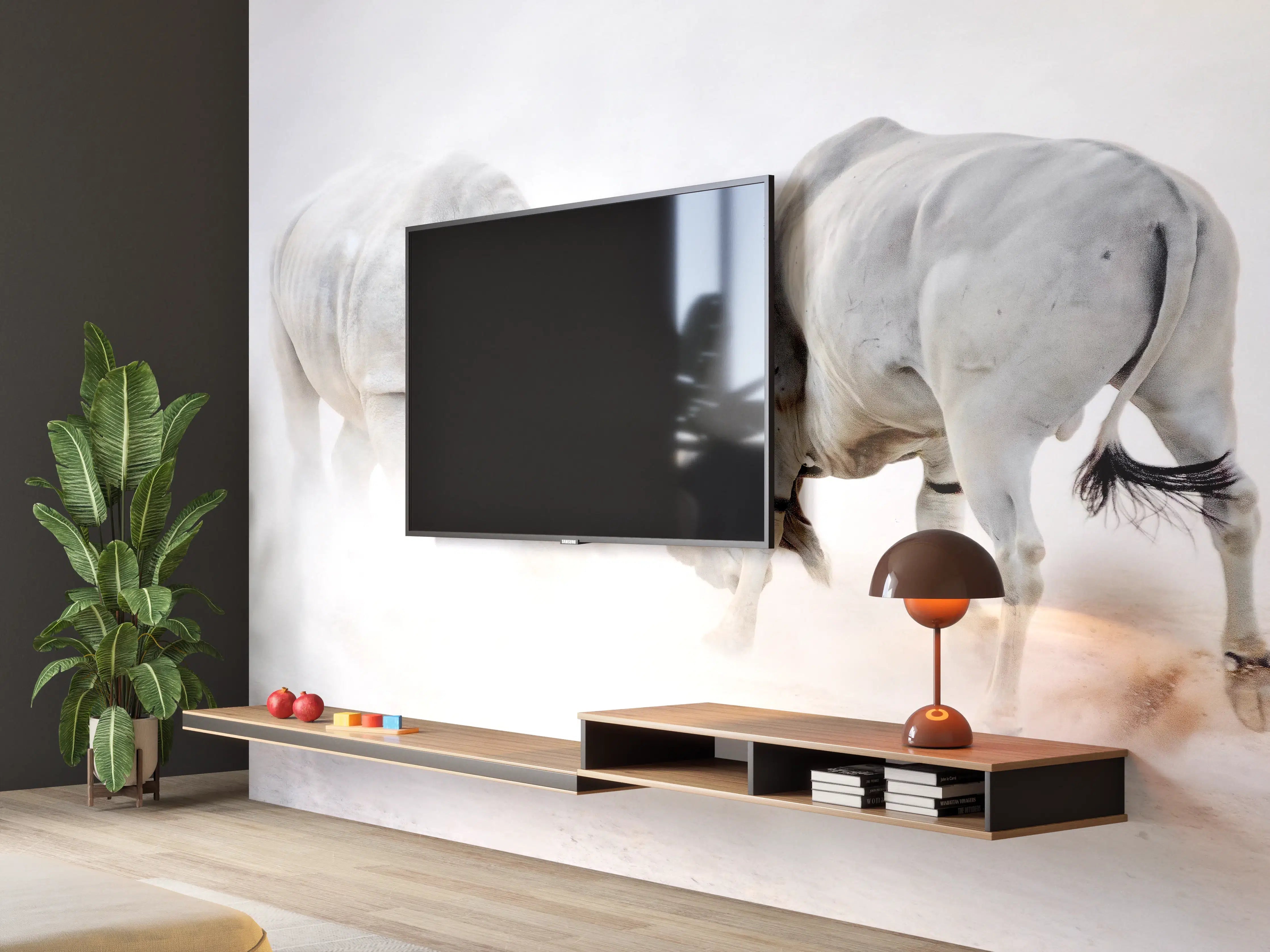 Wandverkleidung Wohnzimmer - Kampf zwischen Nashorn und Oryx
